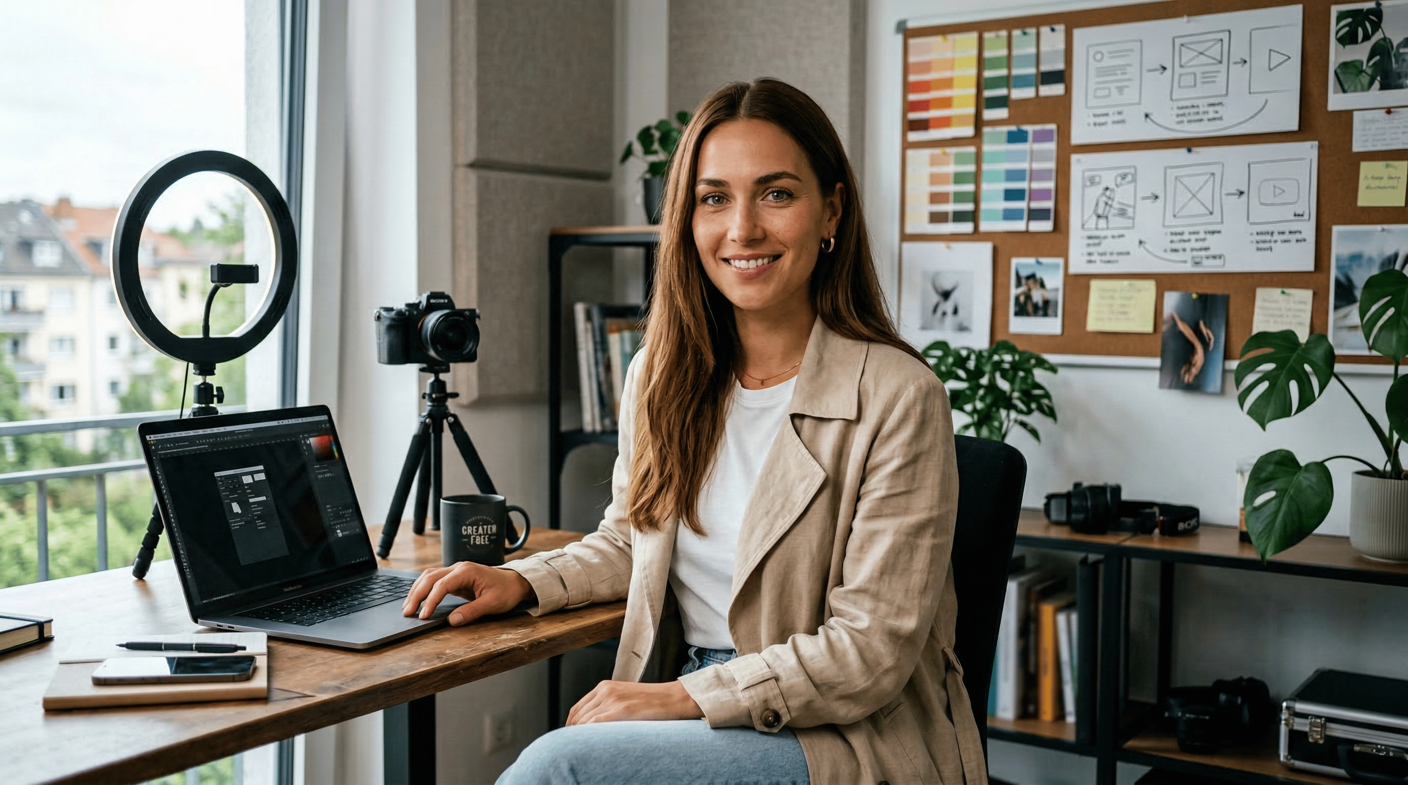 Moderne Creator-Studio-Szene: virtuelle Influencerin am Laptop mit Kamera und Ringlicht, plant konsistente Nano Banana 2 Charakterbilder für Social.