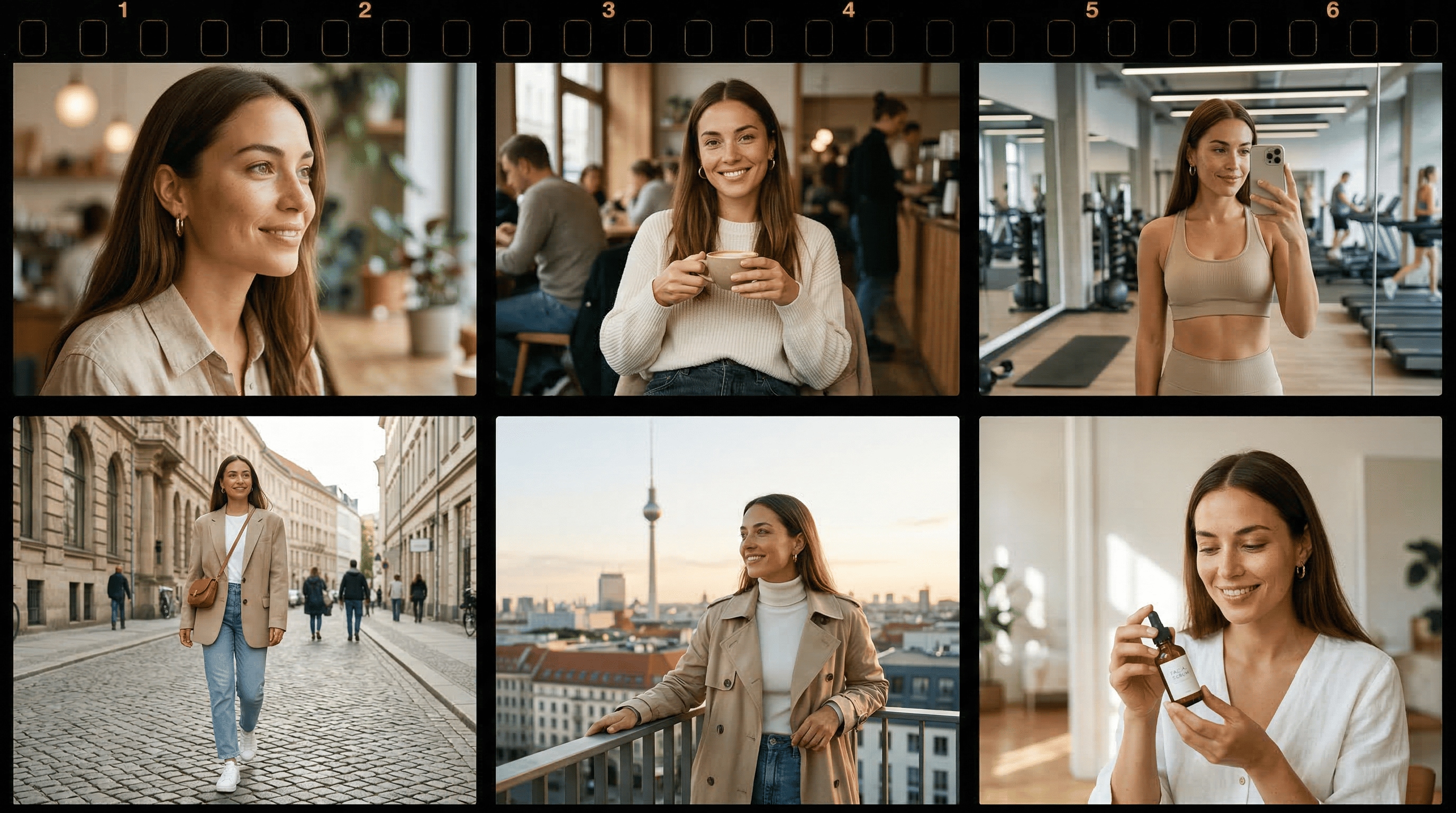 Kontaktbogen im 2x3-Raster: derselbe AI-Charakter in Café, Street, Gym und Reise-Szenen, konsistentes Gesicht, Outfit und Stil.