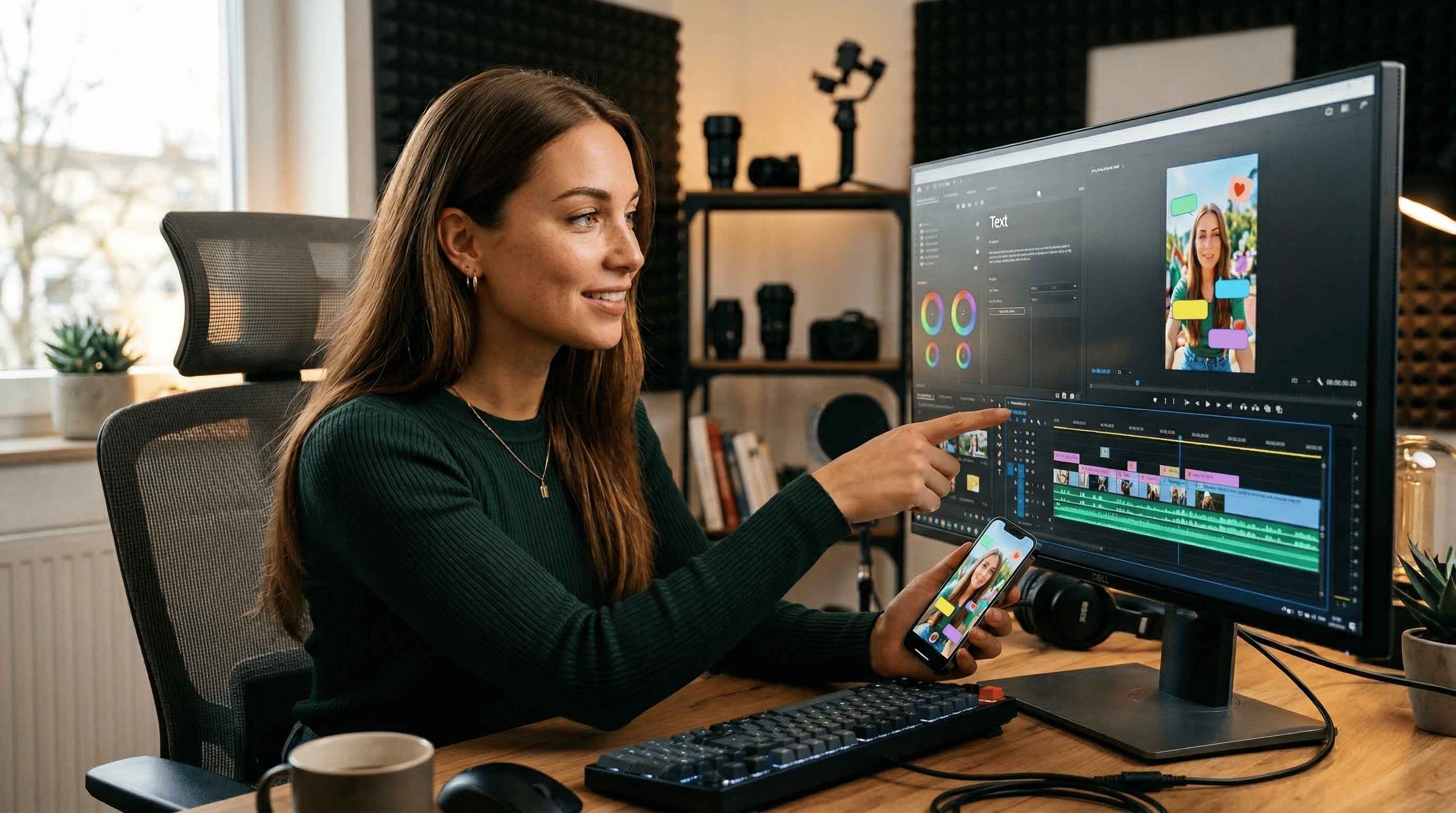 Editing-Workflow: Influencerin zeigt Monitor mit vertikalem Short-Video, Timeline und Sticker-Bubbles, verwandelt konsistente Bilder in Reels/Shorts.