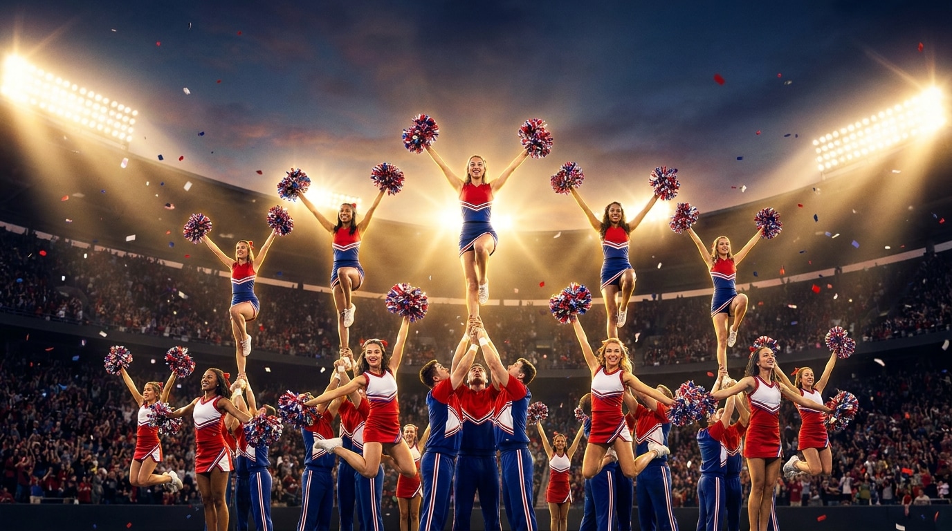 Dynamischer Cheerleading-Sporthype-Look mit Stadionlicht, Performance-Energie, schnellen Bewegungen, Pompons, Glow-Effekten und trendiger Social-Media-Optik für TikTok und Instagram.