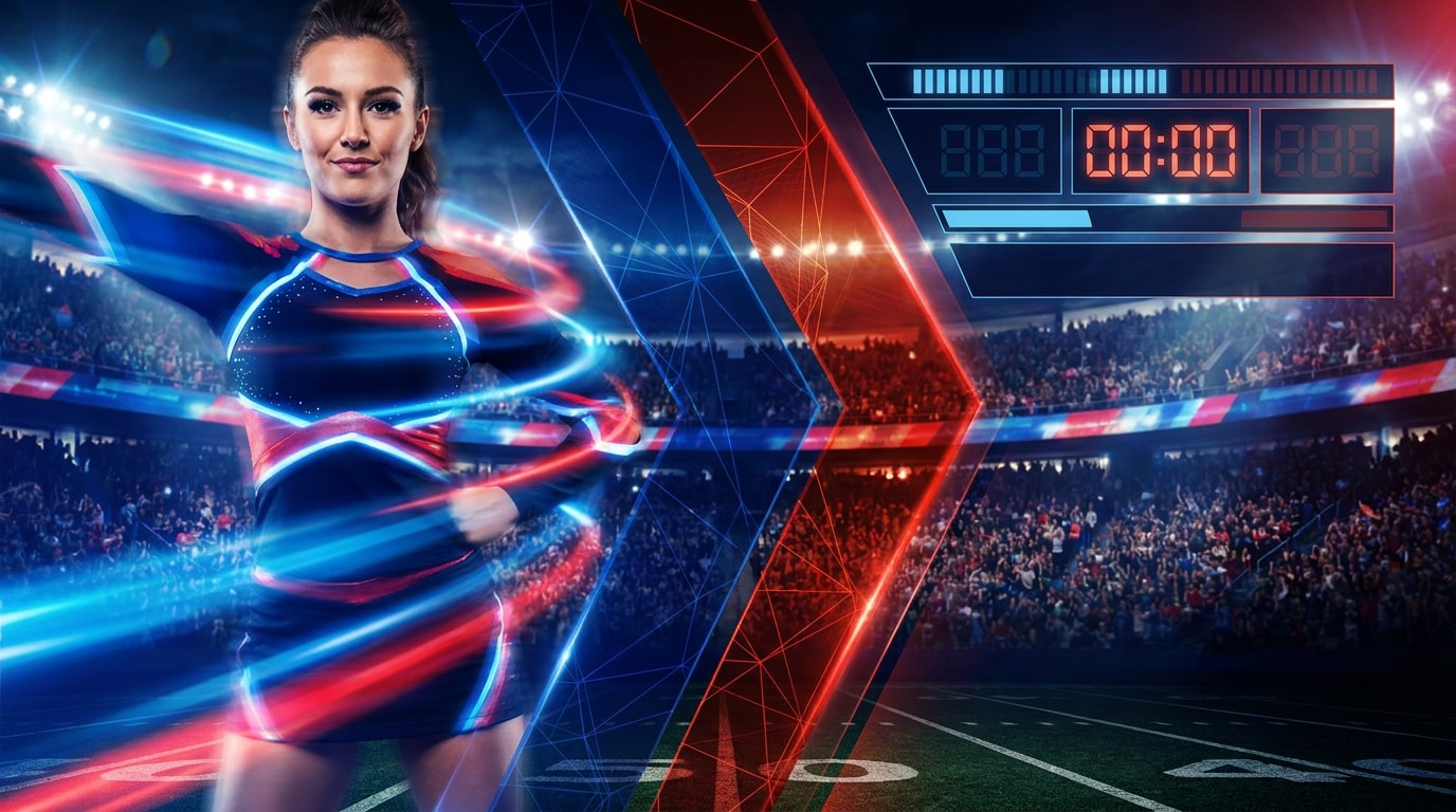 Cheerleading-Sporthype-Grafik mit Platz für starke Text-Overlays, Stadionlicht, Performance-Energie und trendiger Social-Media-Gestaltung für Reels und Shorts.