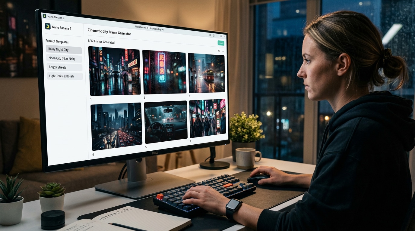 Frau nutzt KI-Tool zur Generierung cinematic City Frames, verschiedene Nachtstadt-Szenen werden erstellt und für kreative Video- und Designprojekte verwendet.