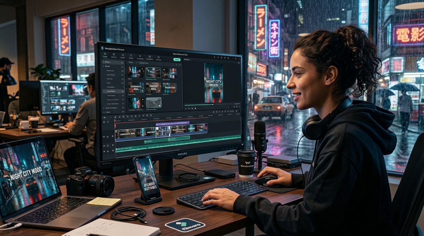 Content Creator arbeitet an Nachtstadt-Video im Neon-Stil, nutzt Editing-Software mit Timeline, Übergängen und Audio für dynamische Social-Media-Clips.