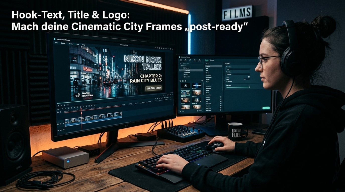Frau nutzt KI-Tool zur Generierung cinematic City Frames, verschiedene Nachtstadt-Szenen werden erstellt und für kreative Video- und Designprojekte verwendet.