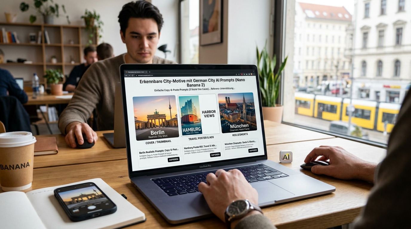 Person arbeitet am Laptop in Café, erstellt KI-generierte deutsche City-Motive wie Berlin, Hamburg und München für Marketing und Social-Media-Inhalte.