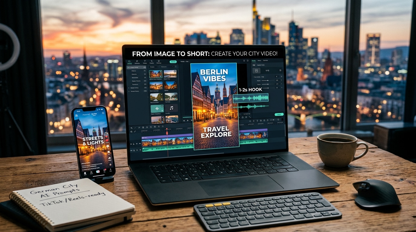 Laptop zeigt Videobearbeitung eines Stadtclips mit Berlin-Motiv, Übergängen und Hook-Text, vorbereitet für TikTok oder Instagram Reels im Hochformat.