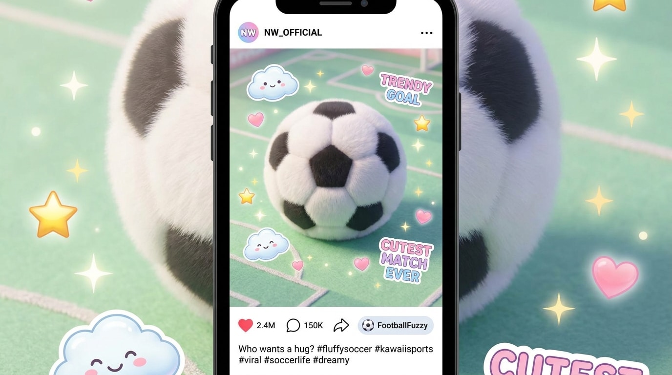 Flauschiger Fußball als viraler Social-Media-Post, weiche Plüschtextur, pastellgrünes Fußballfeld, Glitzer, Sticker, verträumtes Licht, TikTok- und Instagram-Ästhetik.