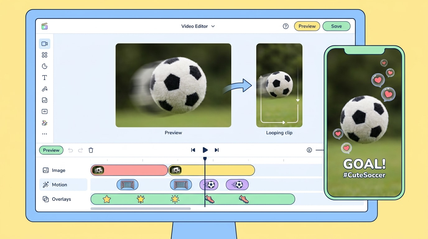 Moderner Desktop-Videoeditor zeigt, wie ein flauschiges Fußballfoto in ein kurzes Social-Media-Video verwandelt wird, mit Vorschaufenster, Timeline, Bewegungseffekten und heller Pastelloberfläche.