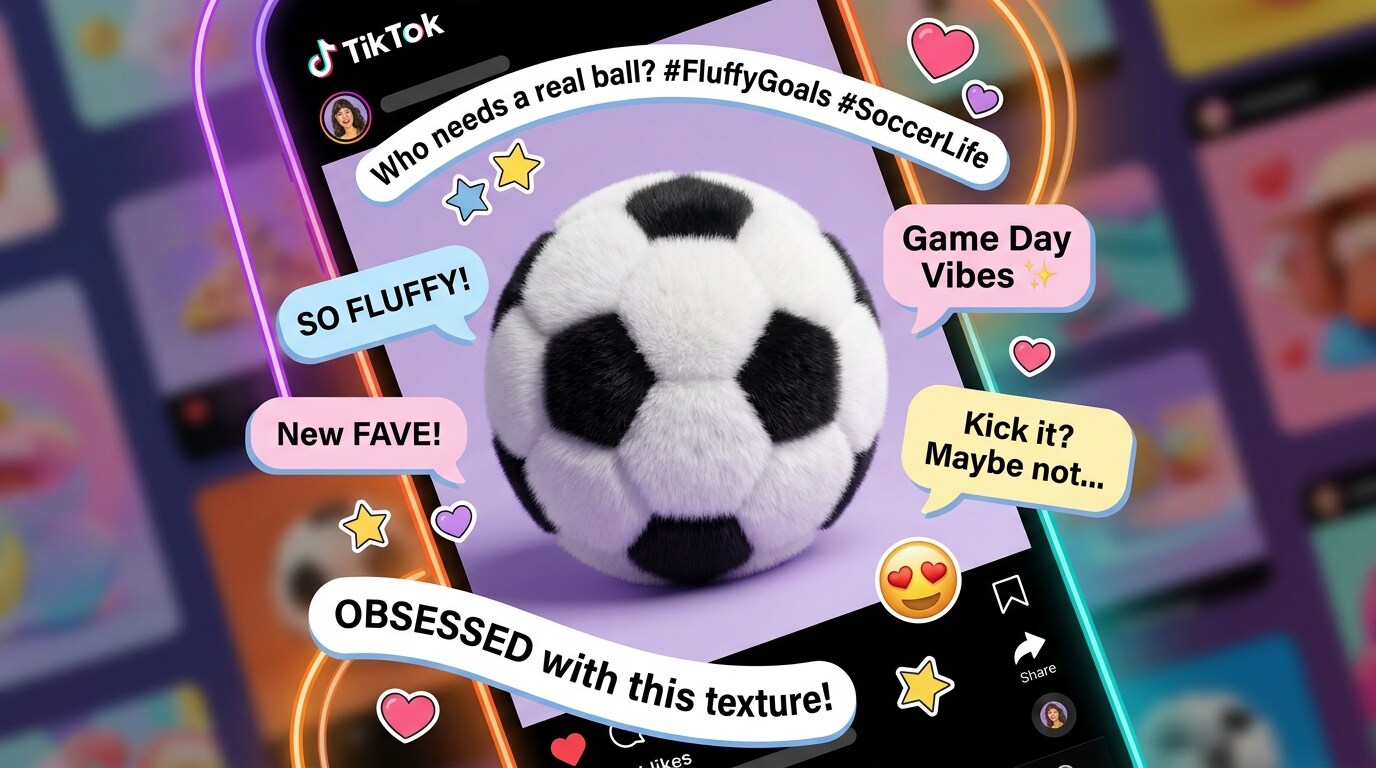 Flauschiger Fußball als Social-Media-Motiv mit Sprechblasen, trendigen Captions, gebogenem Text, Stickern, farbigen Highlights und verspielter TikTok-Instagram-Creator-Optik.