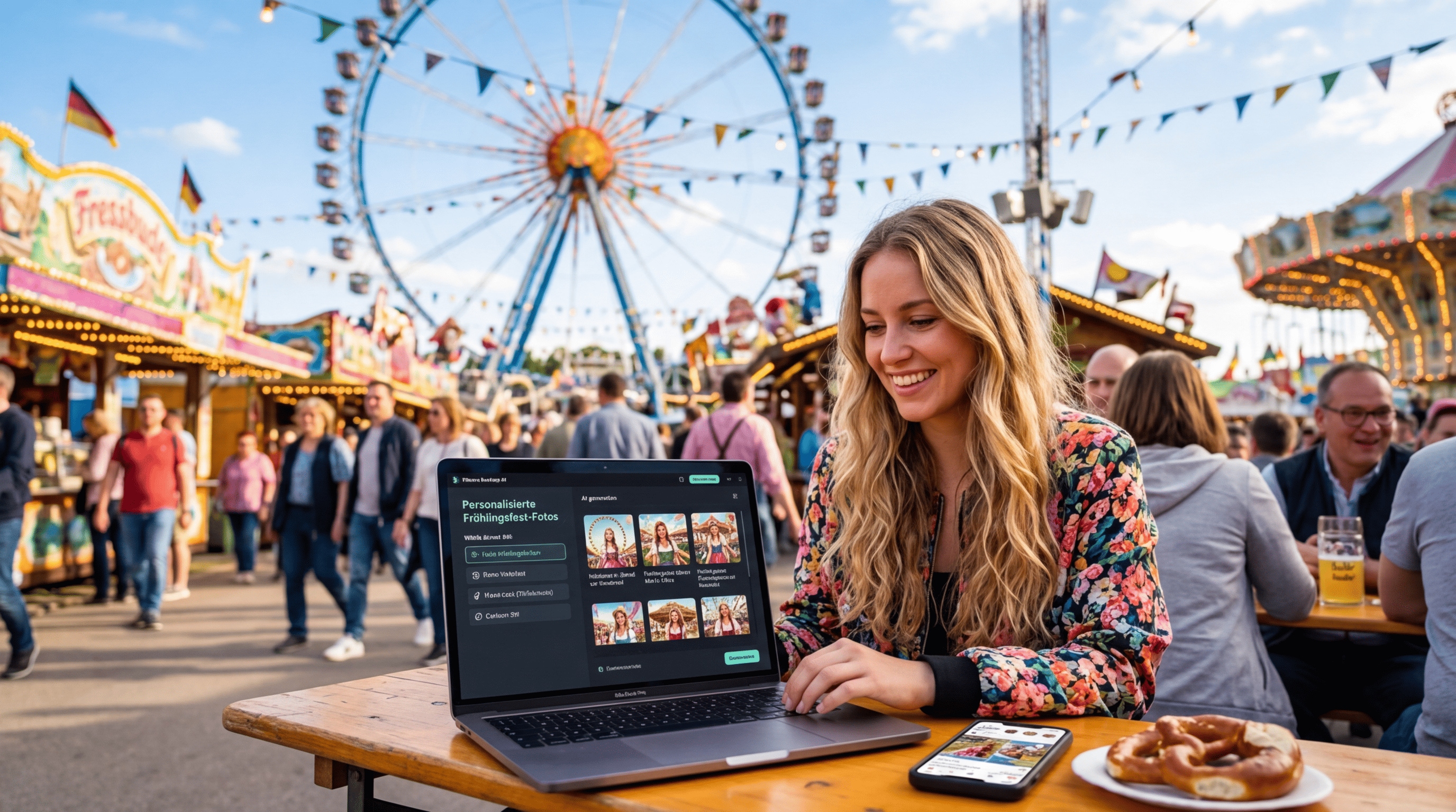 Junge Frau nutzt Laptop beim Frühlingsfest, erstellt personalisierte Fotos, Menschen laufen vorbei, Riesenrad sichtbar, sonniger Tag, lebendige Festivalstimmung.