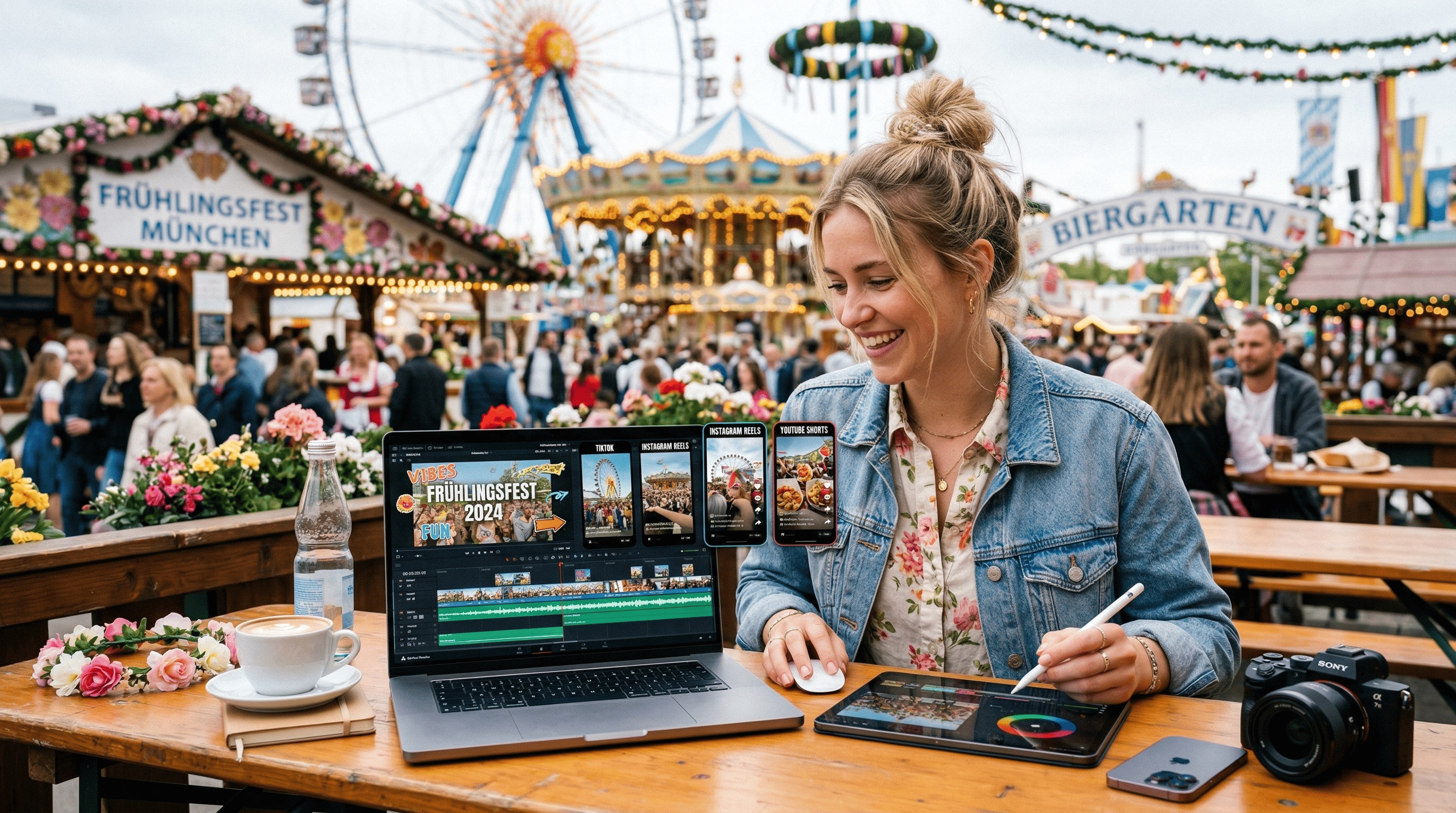 Drei Freundinnen sitzen im Biergarten beim Frühlingsfest, bearbeiten Fotos auf Tablet und Smartphone, lachen gemeinsam, warme Lichter, nostalgische Atmosphäre.