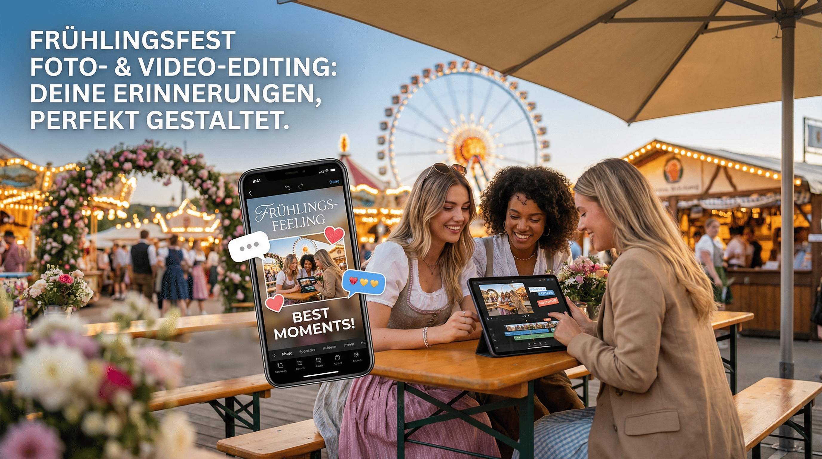 Frau arbeitet am Laptop beim Münchner Frühlingsfest, bearbeitet Videos, sitzt am Holztisch, Ferrisrad im Hintergrund, fröhliche Stimmung, kreative Content Produktion.