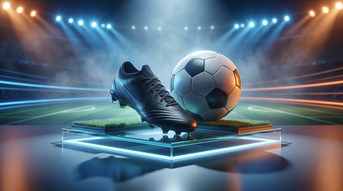 Stilvolle Produktinszenierung mit Fußball-Vibes, dramatischem Stadionlicht, grünen Turf-Akzenten, glänzenden Reflexionen und moderner Social-Media-Werbeästhetik für TikTok, Shops und Produktseiten.