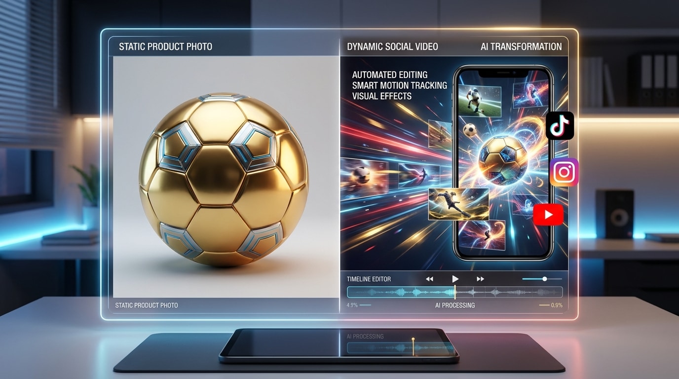 Produktfoto verwandelt sich in ein dynamisches Fußball-Produktvideo mit Motion-Effekten, Social-Media-Layout, E-Commerce-Werbestil und moderner Reels- und Shorts-Optik.