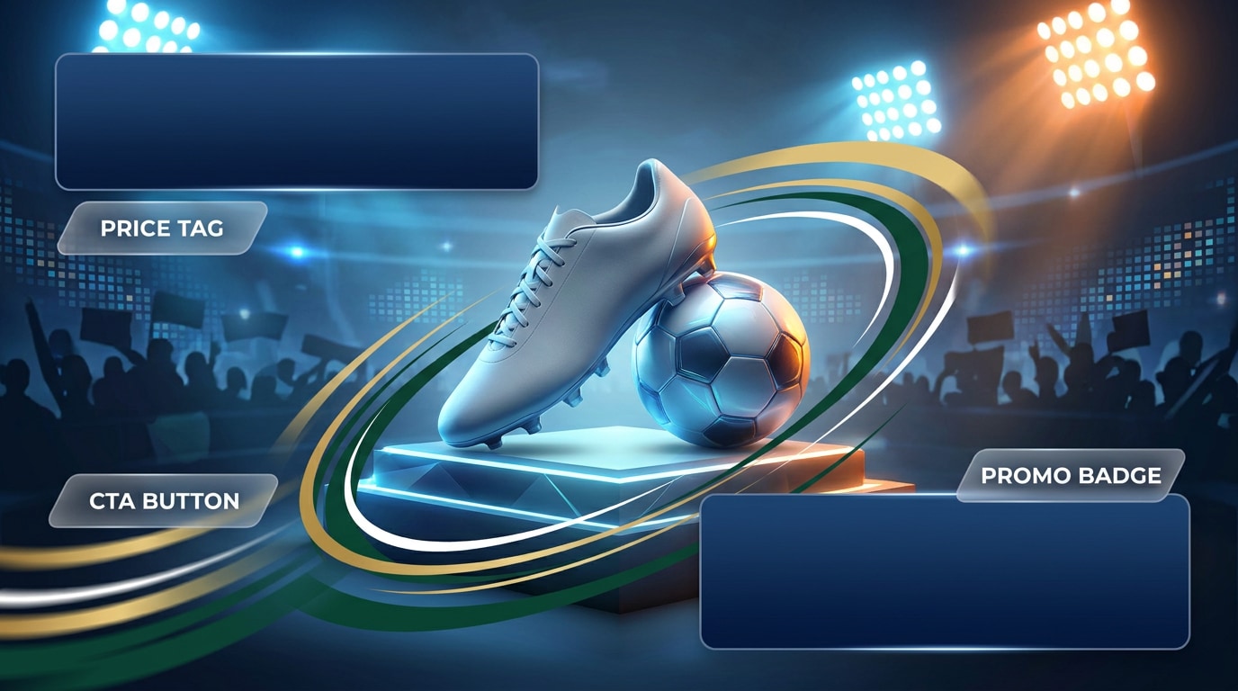 Fußball-inspiriertes Produktwerbemotiv mit Preis-Badge, CTA-Bereich, dynamischen Promo-Elementen, moderner Typografie und starker Werbeoptik für Social Ads, Shops und Produktseiten.