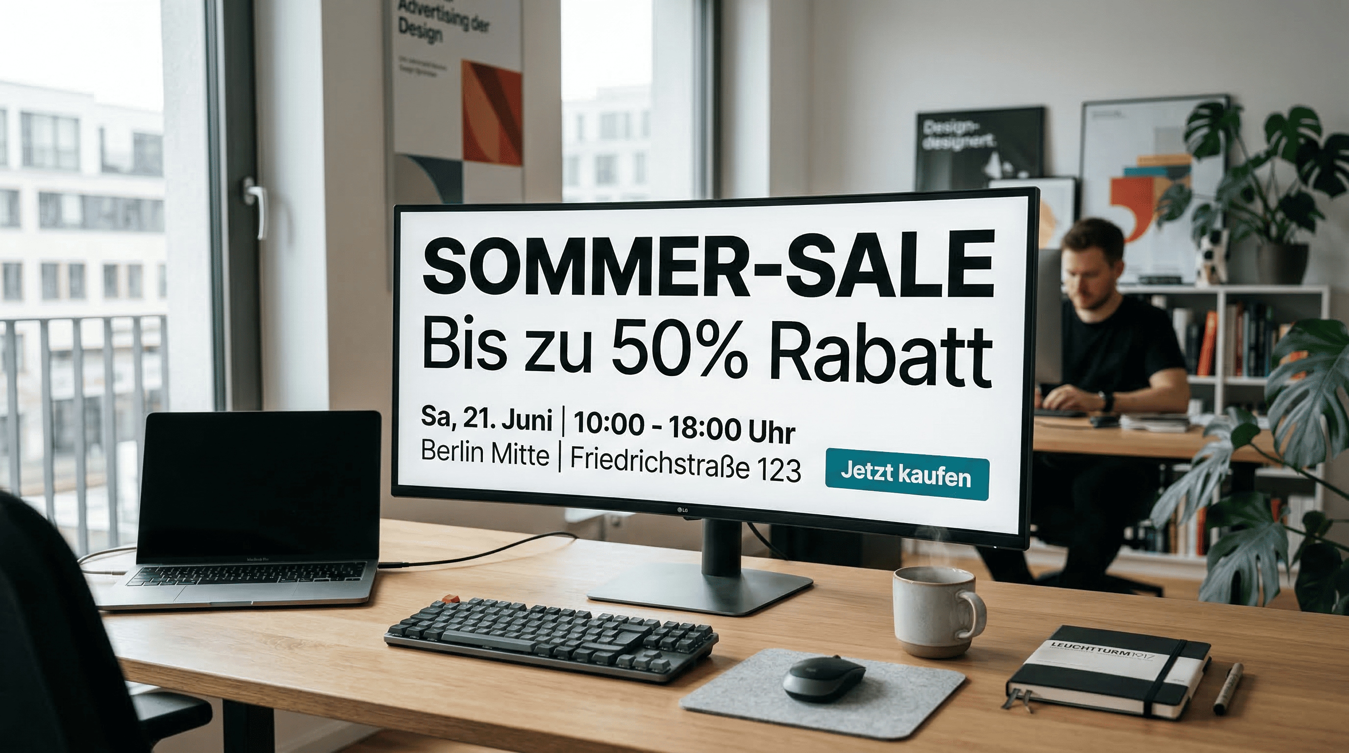 Modernes Designstudio am Schreibtisch: Monitor zeigt Swiss-Grid-Werbeposter mit lesbarer deutscher Headline, Rabatt, Datum, Ort und CTA „Jetzt kaufen“.