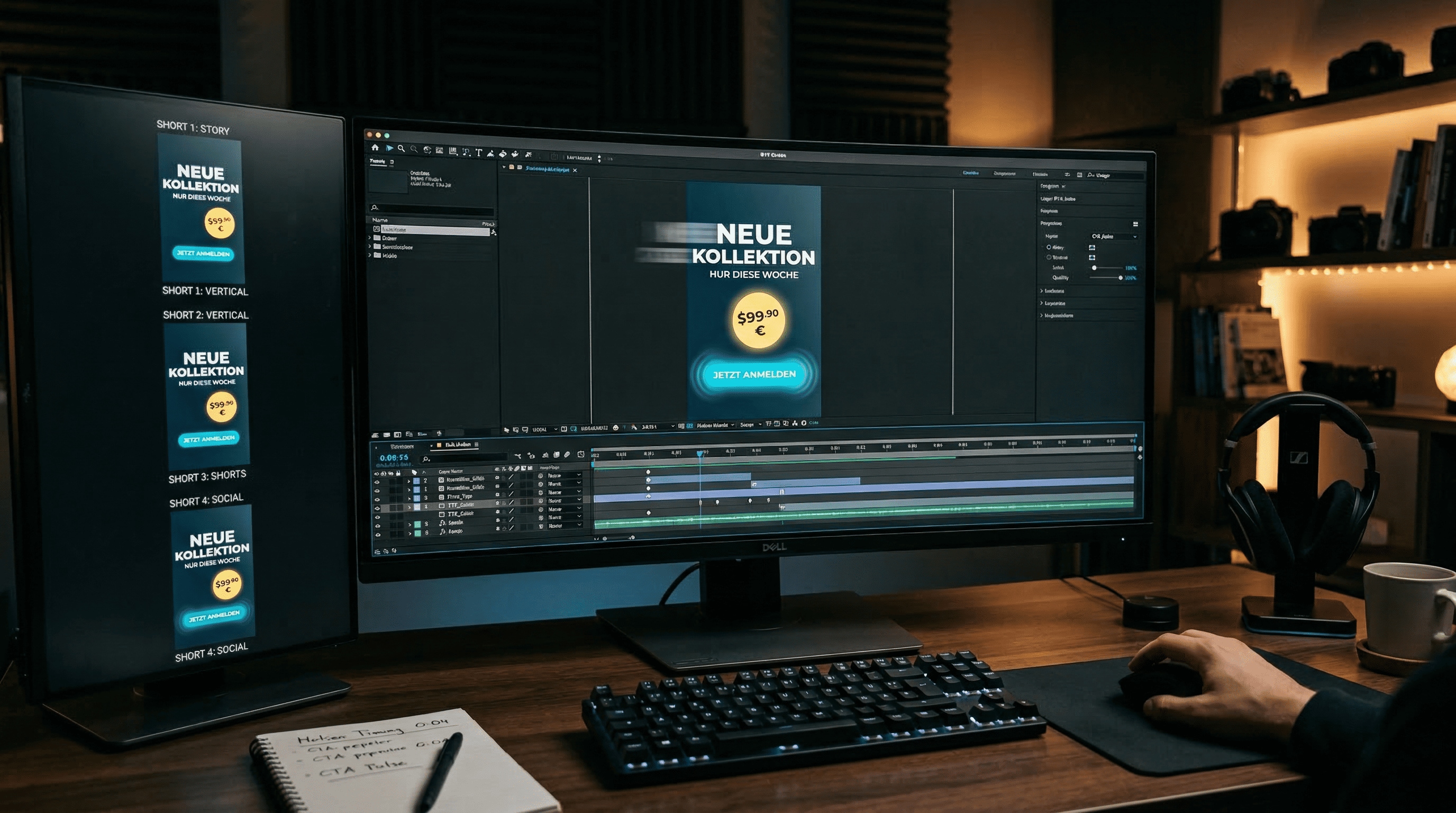 Video-Editing-Workspace: Deutsches Textposter wird als Motion Poster animiert, Timeline sichtbar, vertikale Short-Previews, klare Headline und CTA „Jetzt anmelden“.