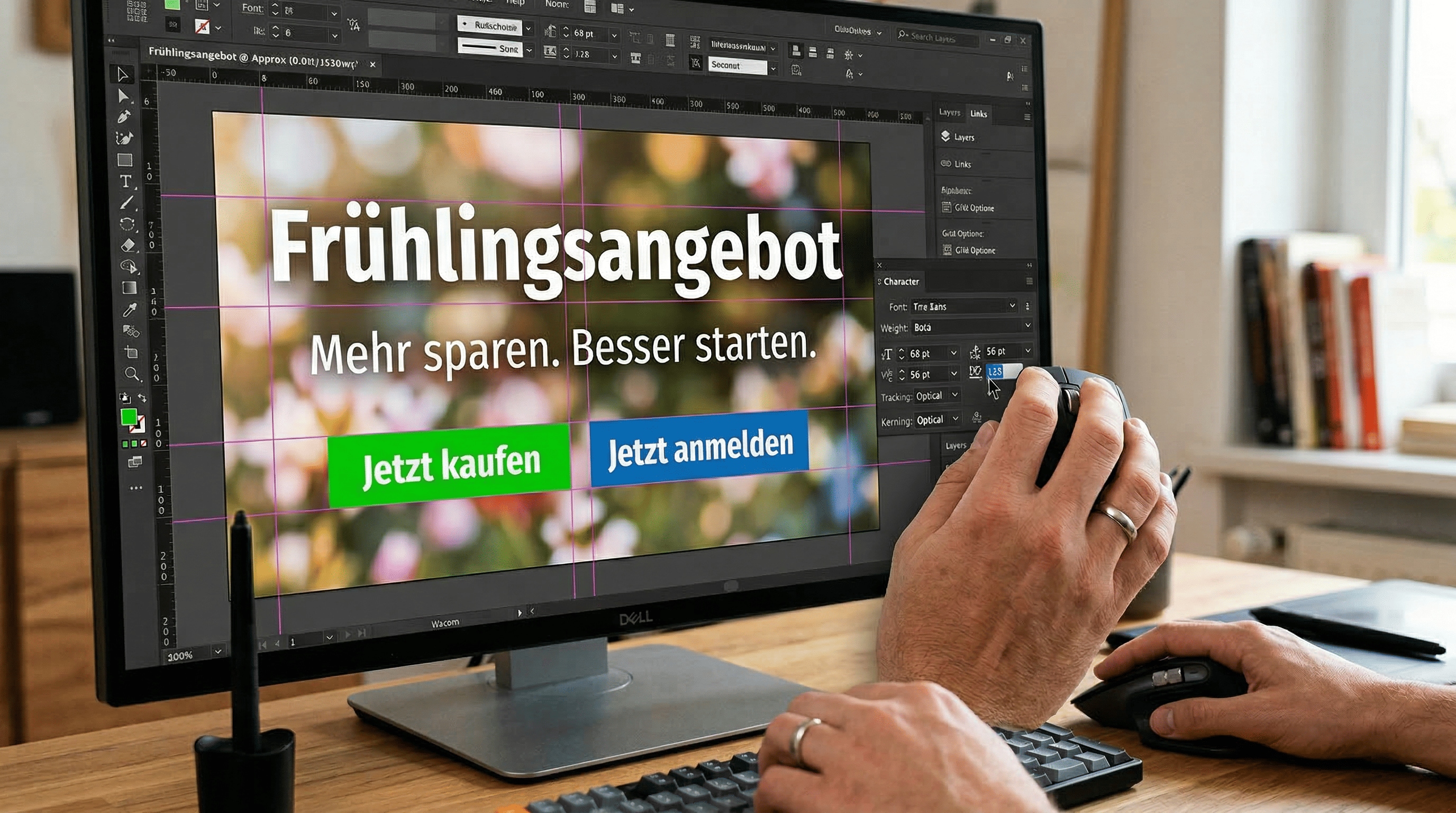 Nahaufnahme Typografie-Feinschliff: Designer justiert Tracking, Leading und Kontrast, deutschsprachige Headline, Slogan und CTA-Blöcke mit Umlauten und ß.