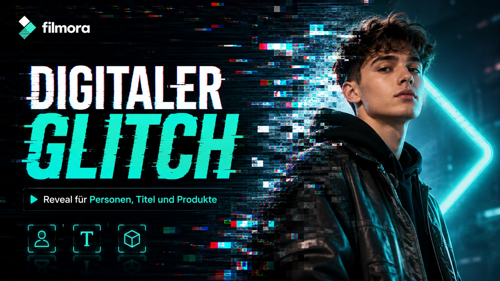 Digitaler Glitch Opener mit RGB-Versatz und Blockstörungen enthüllt eine Person im Hochformat.