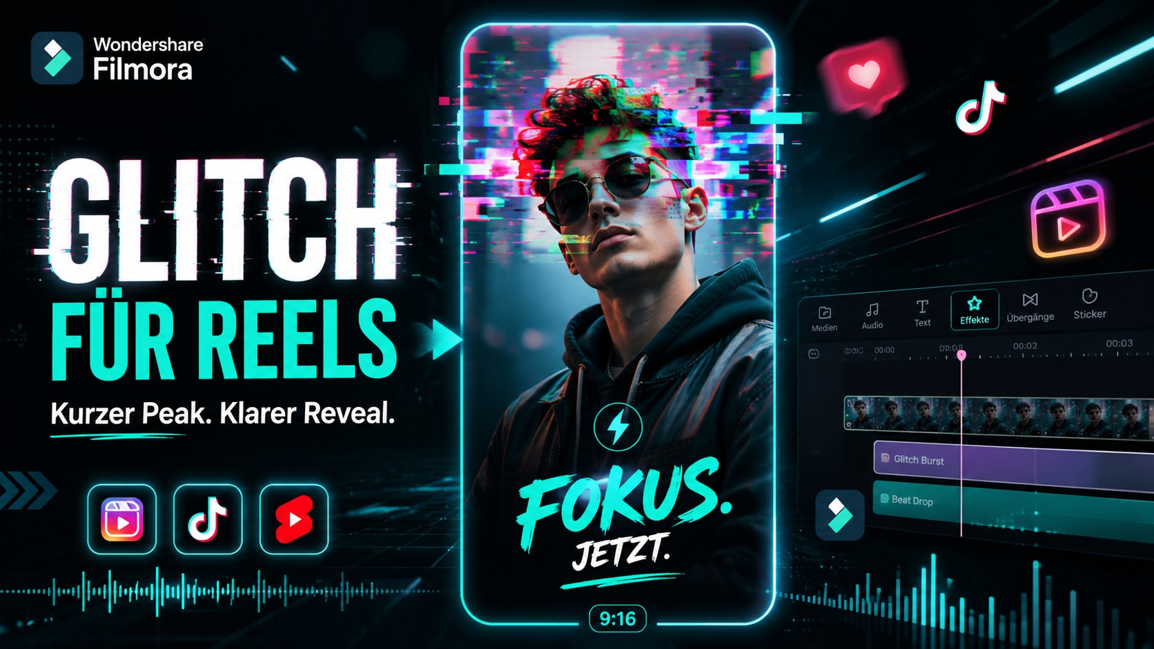 Vertikaler Glitch Opening Effect für Reels, TikTok und Shorts mit klarer Motivmitte.
