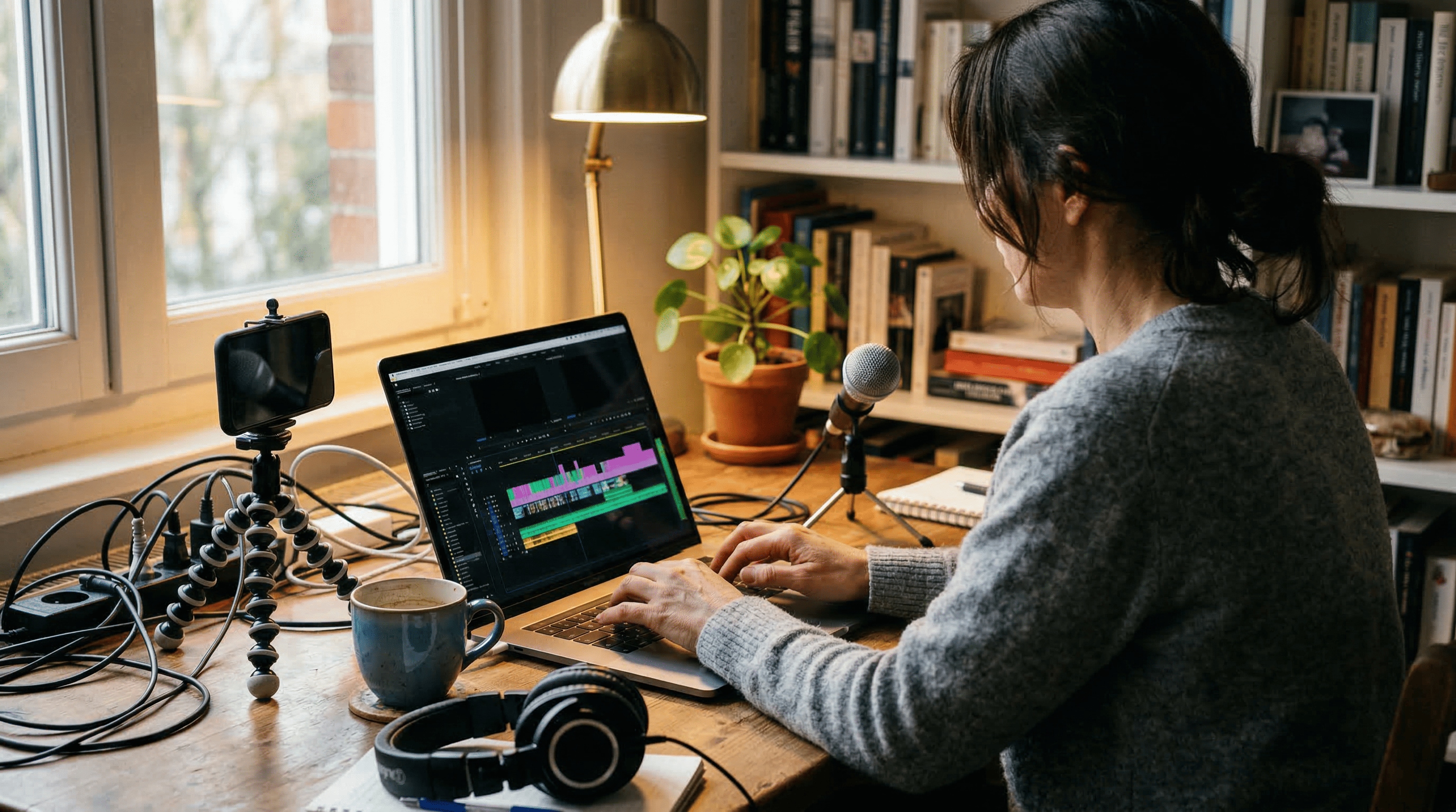 Europäischer Creator im Kreativstudio, unscharfes Profil, arbeitet am Laptop mit KI Vorlagen, Prompt Feldern, Kameraequipment, Moodboard, Tageslicht realistisch detailreich aufgenommen.