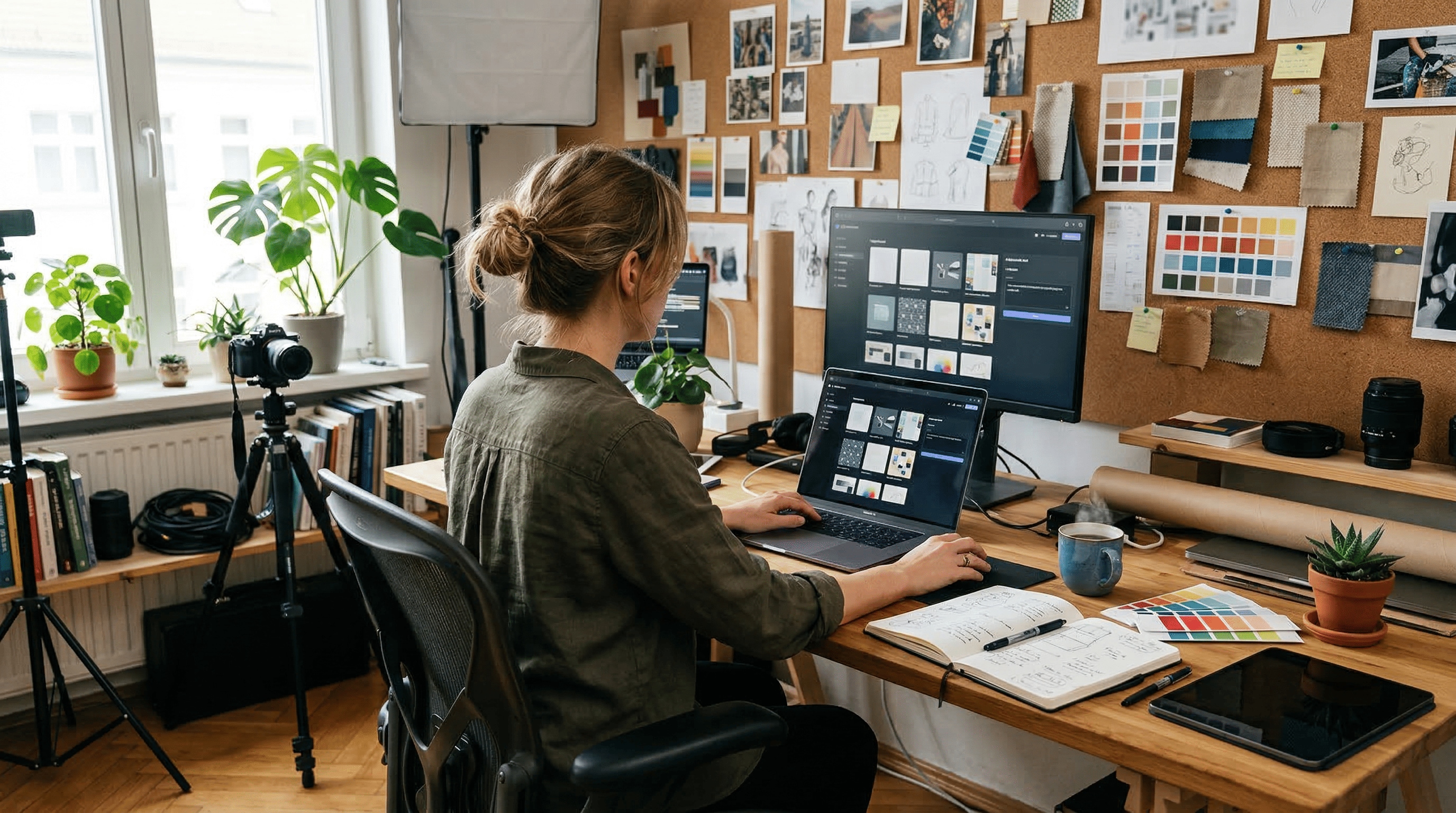 Europäische Person im Homeoffice, Rückenansicht, Smartphone auf Stativ neben Laptop mit Schnitt Timeline, Kopfhörer, Mikrofon, warme Lampe, Kabel authentisch abends.