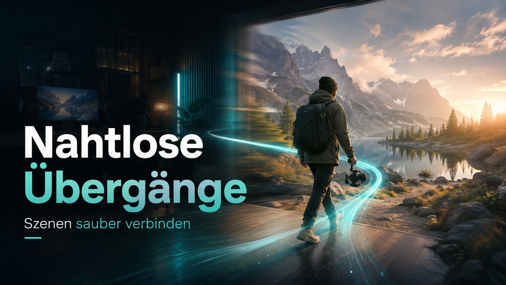 Zwei Videoszenen werden durch eine gleichmäßige Kamerabewegung zu einem nahtlosen KI-Videoübergang verbunden.