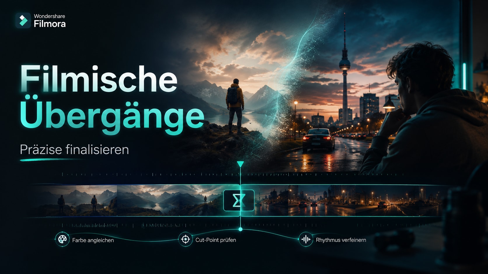 Filmischer KI-Übergang wird in einer Video-Timeline zwischen zwei Szenen präzise angepasst.