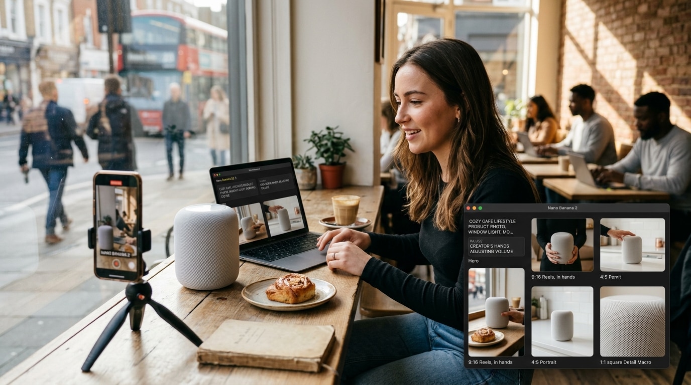 Arbeitssetup zeigt Erstellung authentischer Lifestyle-Produktfotos mit Kamera, Laptop und KI-Prompts, inklusive Vorlagen für Hero-, Detail- und Anwendungsszenen.