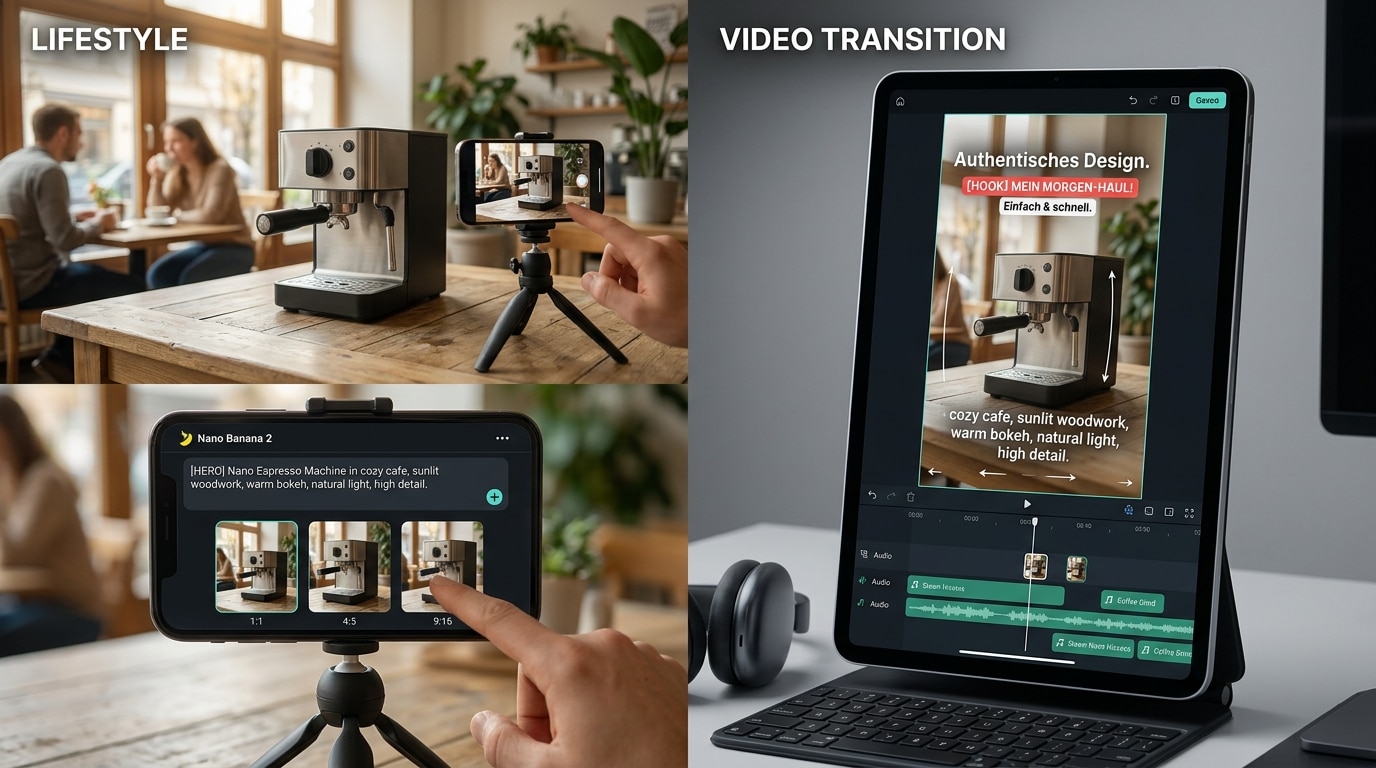 Kaffeemaschine im Café wird gefilmt, anschließend als Video mit Übergängen, Text-Overlays und 9:16 Format für Social Media bearbeitet.