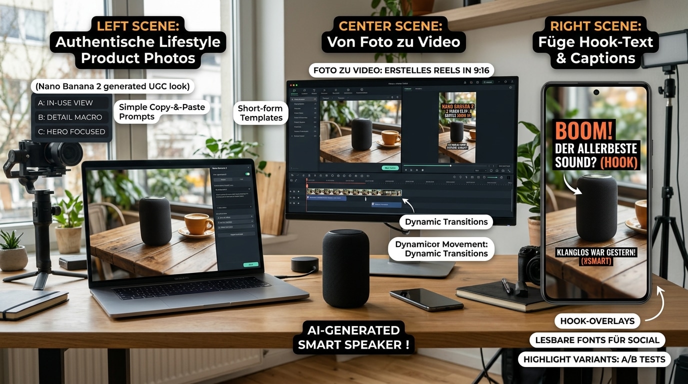 Frau sitzt im Café mit Laptop und Smartphone, erstellt Content eines smarten Lautsprechers, verschiedene Bildvarianten und Social-Media-Formate sichtbar.