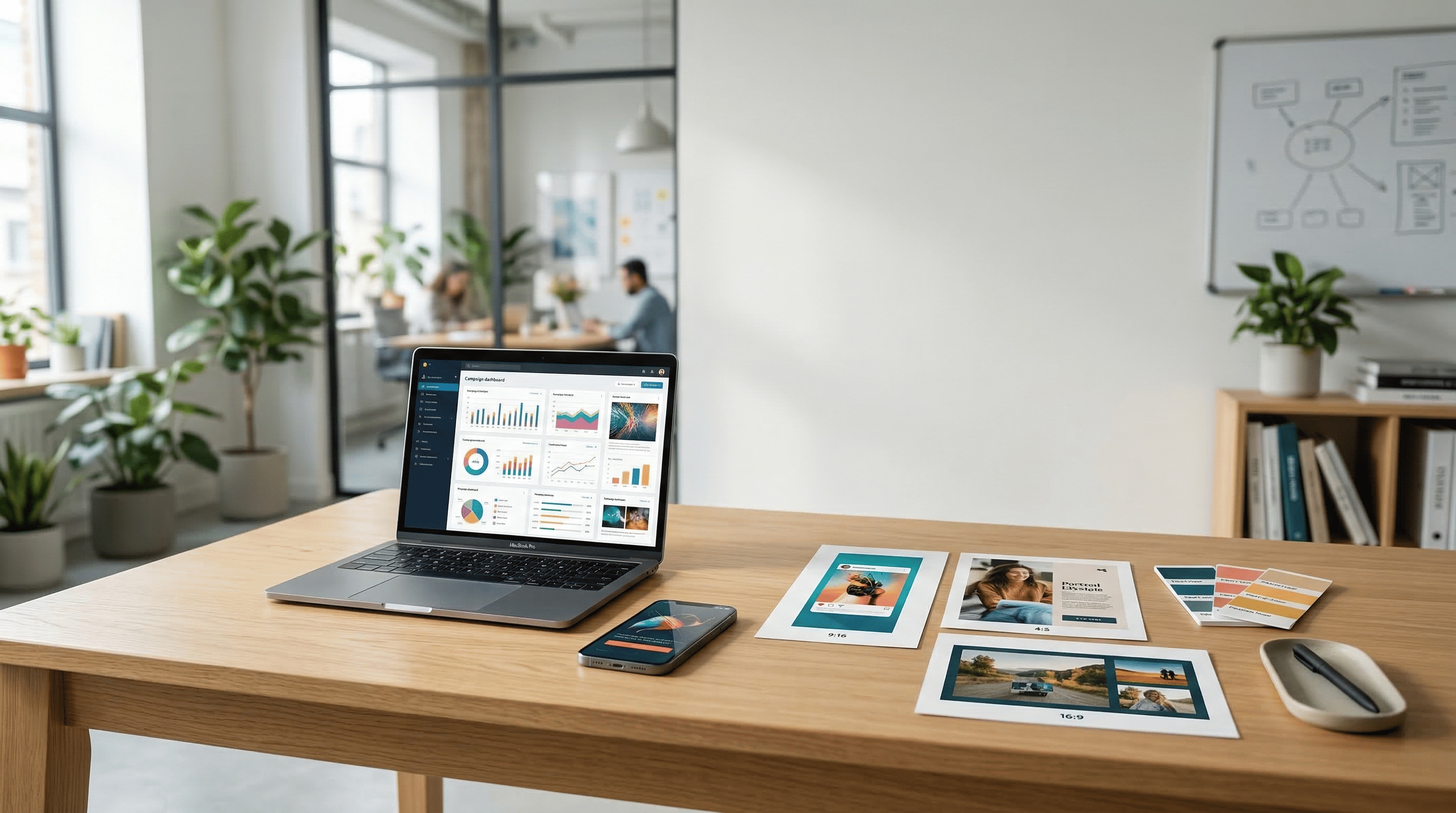 Modernes Marketing-Workspace-Foto mit Smartphone, Laptop und Layouts in 9:16/4:5/16:9, viel Copy-Space für Hook und CTA.