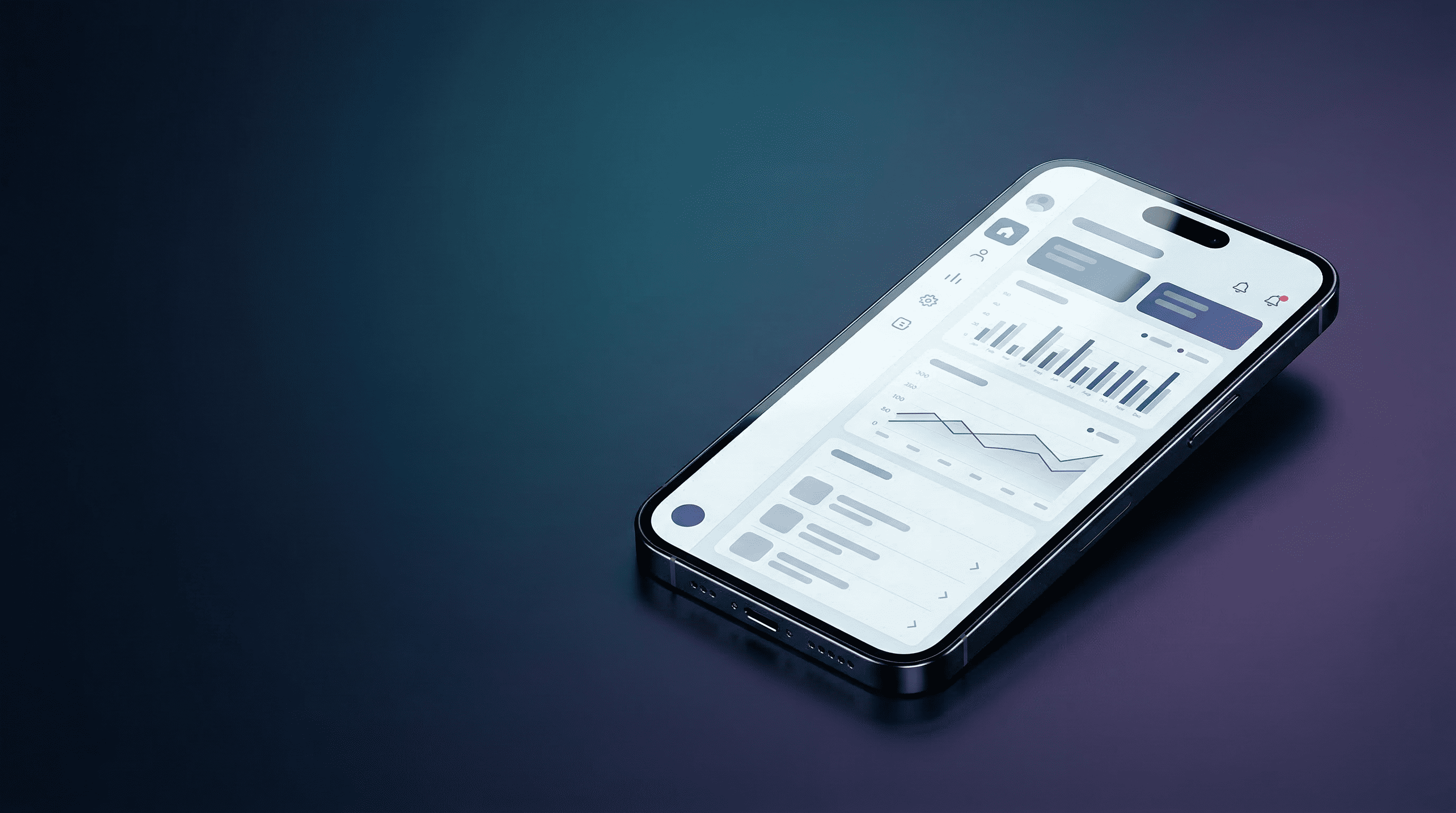 Realistische Startup-Ad-Produktfotografie: Smartphone mit App-UI-Mockup, Premium-Studiolicht, subtiler Gradient, freie Fläche für USP und CTA-Overlay.