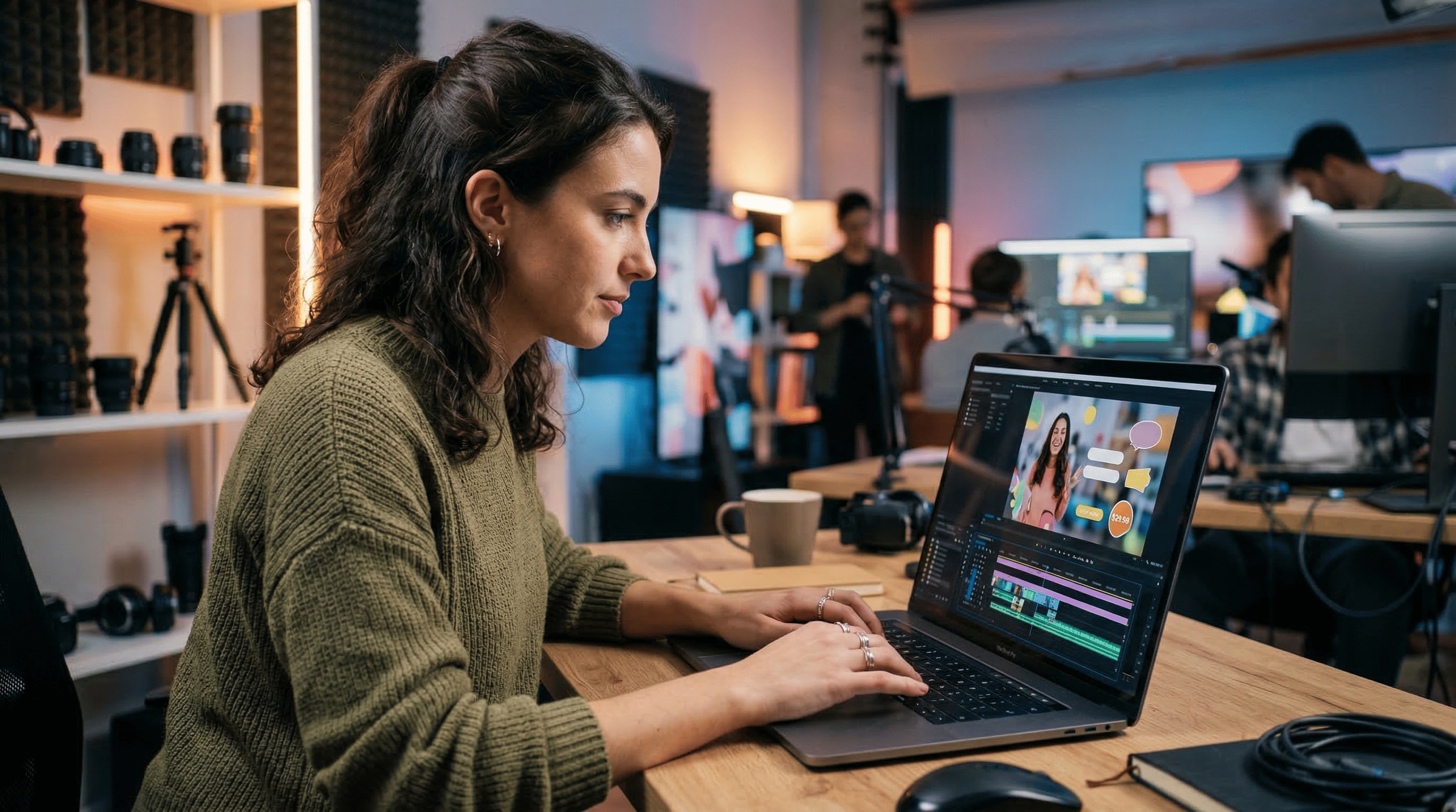 Behind-the-Scenes-Foto: Creator schneidet Kurzvideo-Ad am Laptop, Timeline sichtbar ohne Text, leere Badge-Formen für CTA, Social-Ads-Look.