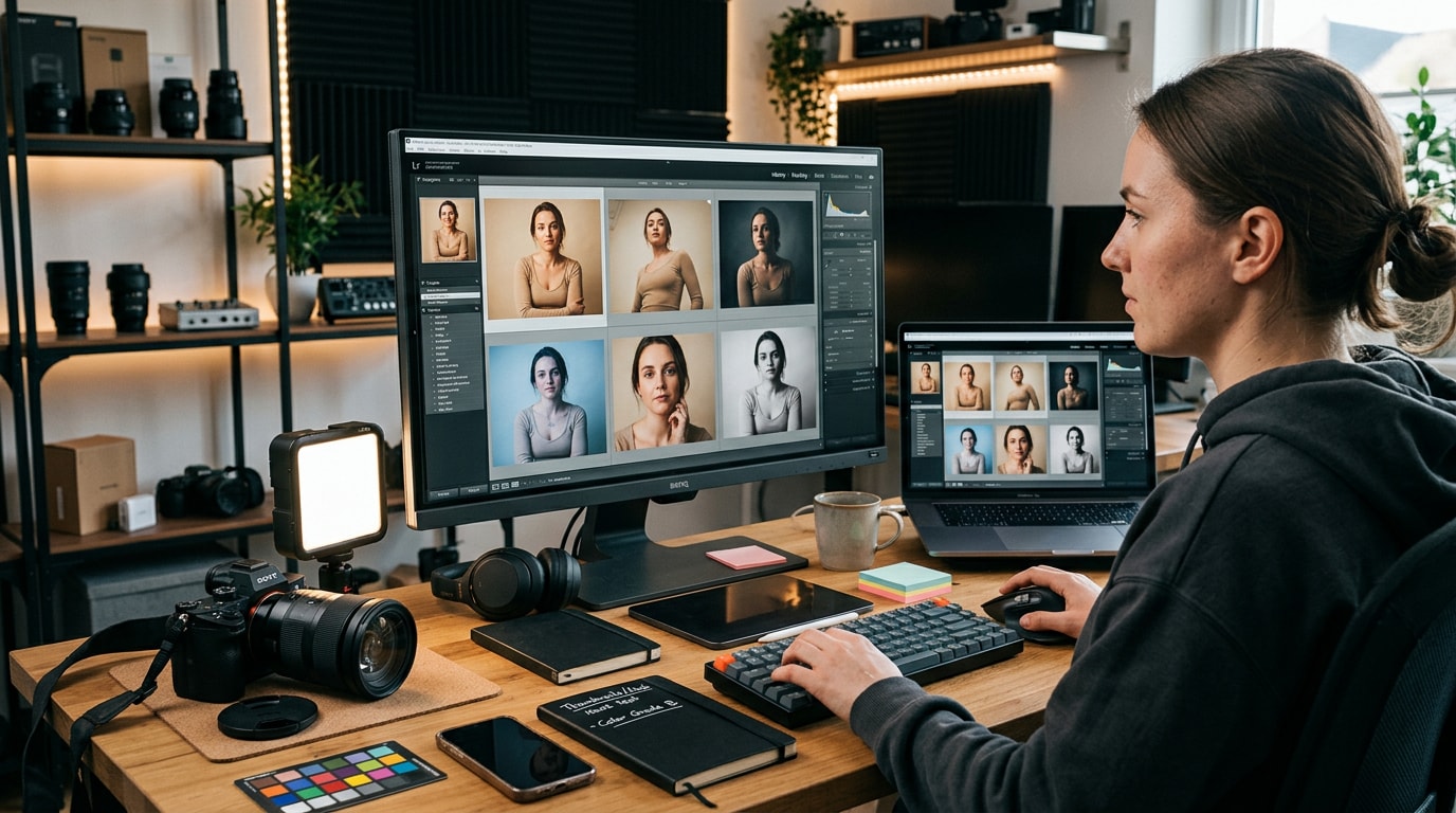 Nano Banana 2 Beispiel: Creator testet 3–6 Thumbnail‑Varianten desselben Porträts, Licht/Winkel/Look wechseln, für schnellen Feed‑Stop‑A/B‑Sprint.