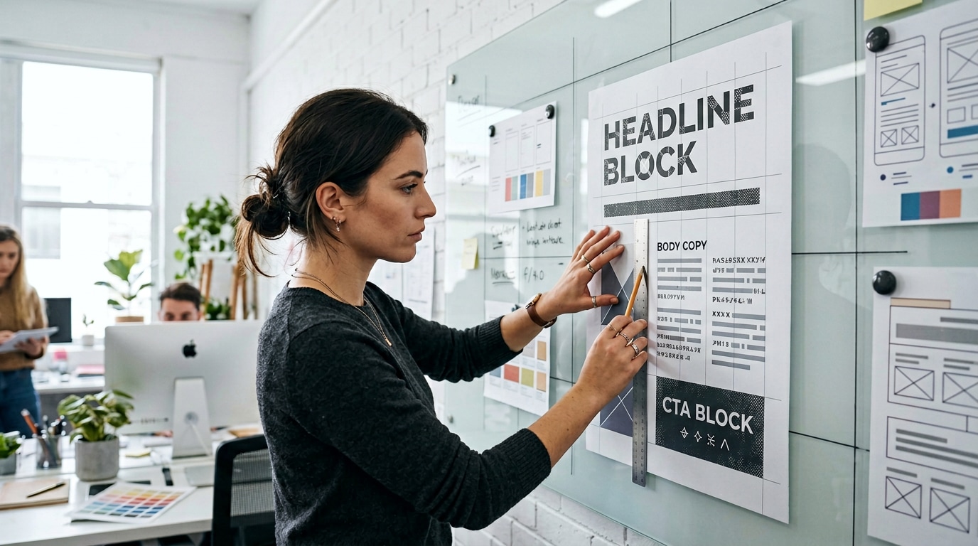 Nano Banana 2 Beispiel: Designer richtet Poster‑Template aus; Raster und Typografie‑Platzhalter zeigen Headline‑Subline‑CTA, Fokus auf Lesbarkeit und Kontrast.