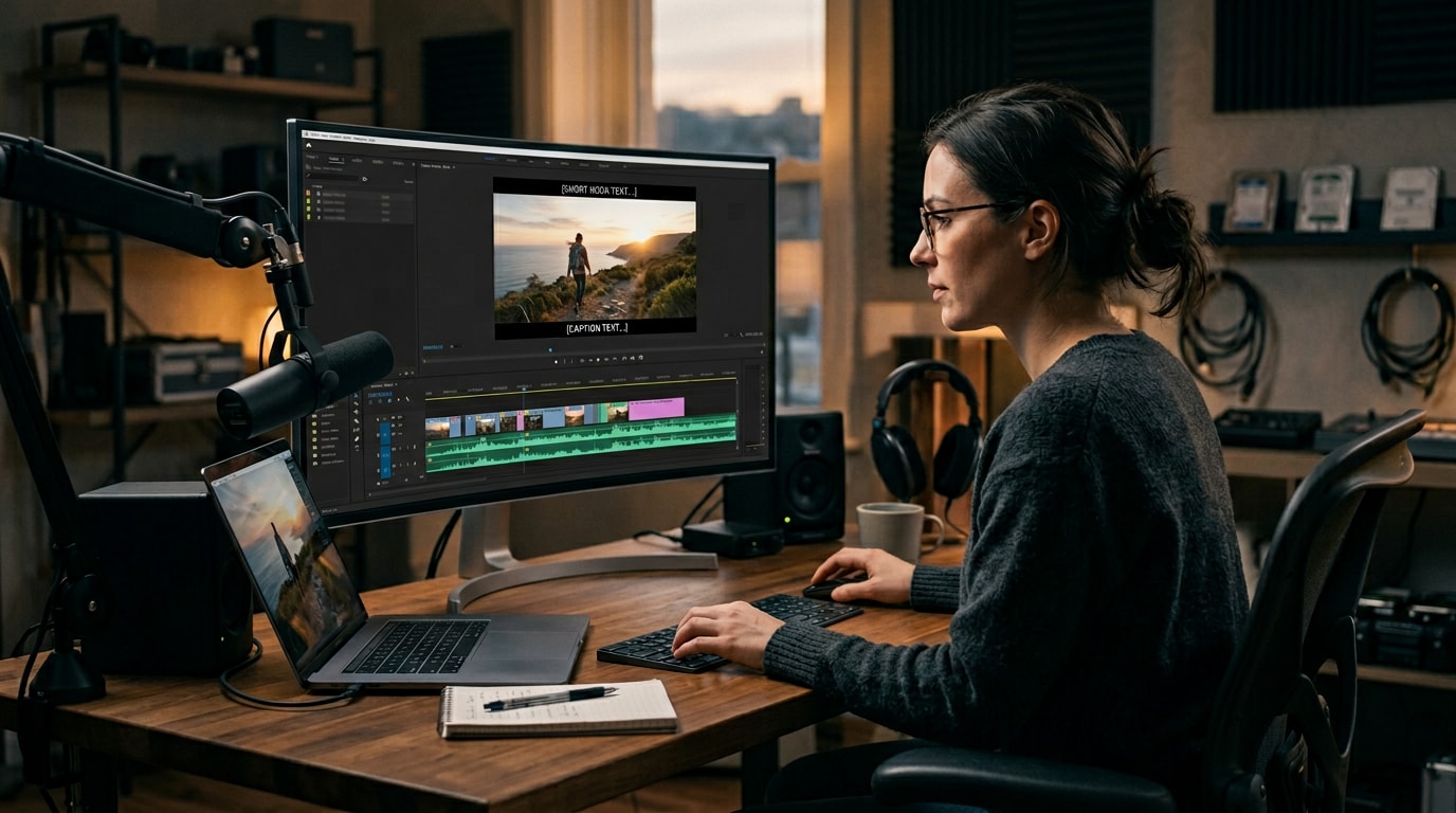 Nano Banana 2 Beispiel: Videoeditor animiert Still im Schnittprogramm; Timeline mit Keyframes, Hook‑ und Caption‑Platzhaltern, Audio‑Waveform für publish‑ready Reels.
