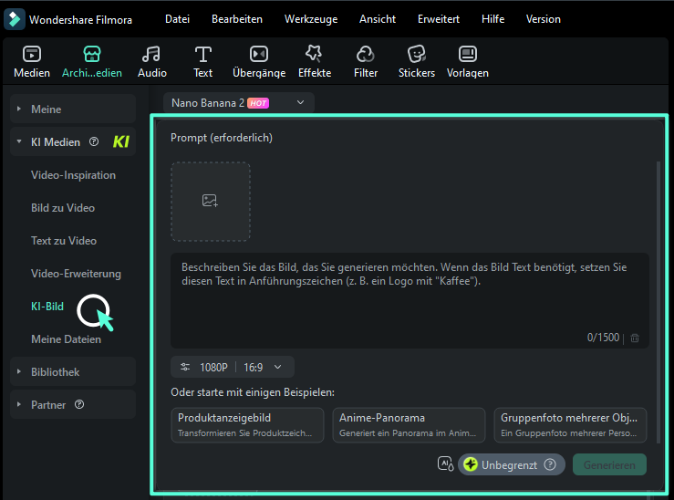 Wondershare Filmora Editor in deutscher Oberfläche mit geöffnetem KI‑Bild‑Workflow. Links ist „Nano Banana 2 (HOT)“ im Modell‑Dropdown zu sehen, darunter „Prompt (erforderlich)“ mit generiertem Beispielbild. In der Vorschau erscheint das gleiche Motiv, unten liegt ein Clip in der Zeitleiste; rechts stehen Bild‑Parameter und oben rechts „Exportieren“.