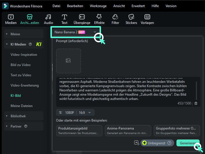 Nahaufnahme des Filmora KI‑Bild‑Panels: oben das Modell „Nano Banana 2“ mit „HOT“-Label im Dropdown. Darunter das Feld „Prompt (erforderlich)“ mit einer langen Textbeschreibung. Unter dem Prompt sind Ausgabeoptionen wie „1080P“ und „16:9“ sichtbar sowie Beispiel‑Kacheln. Rechts unten befindet sich der grüne Button „Generieren“ zum Start der Bildproduktion.