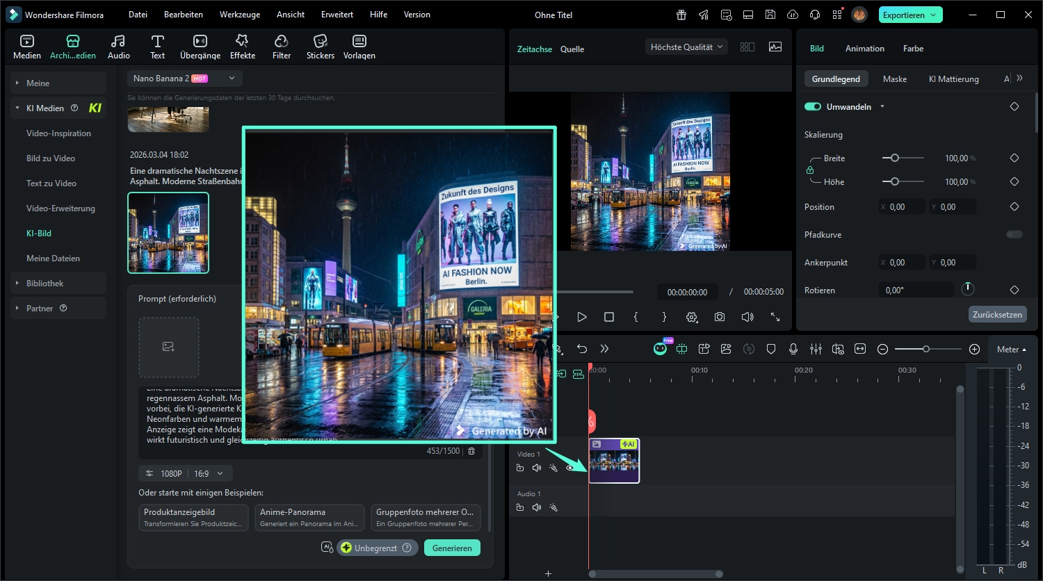 Filmora Oberfläche mit linker Navigation „KI Medien“ und markiertem Eintrag „KI‑Bild“. In der Mitte ist das Prompt‑Panel geöffnet: „Nano Banana 2 (HOT)“ im Modellfeld, darunter „Prompt (erforderlich)“ mit leerem Eingabefeld und Hinweis, Text in Anführungszeichen zu setzen. Unten stehen „1080P“, „16:9“, „Unbegrenzt“ und ein deaktivierter „Generieren“-Button.