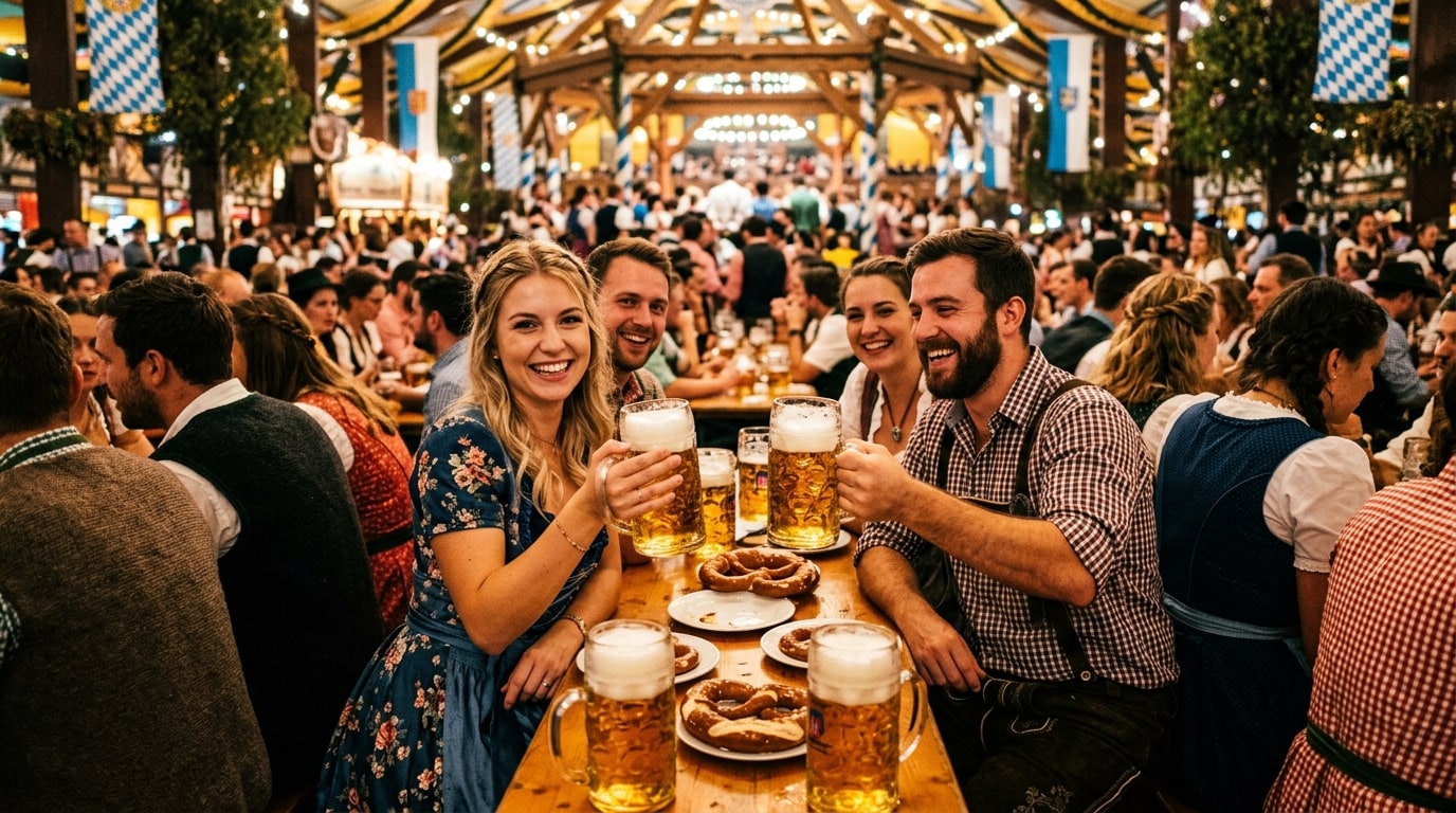 Freunde stoßen im Oktoberfestzelt mit Bierkrügen an, traditionelle Kleidung, lange Tische und ausgelassene Stimmung, authentisches bayerisches Fest-Erlebnis.