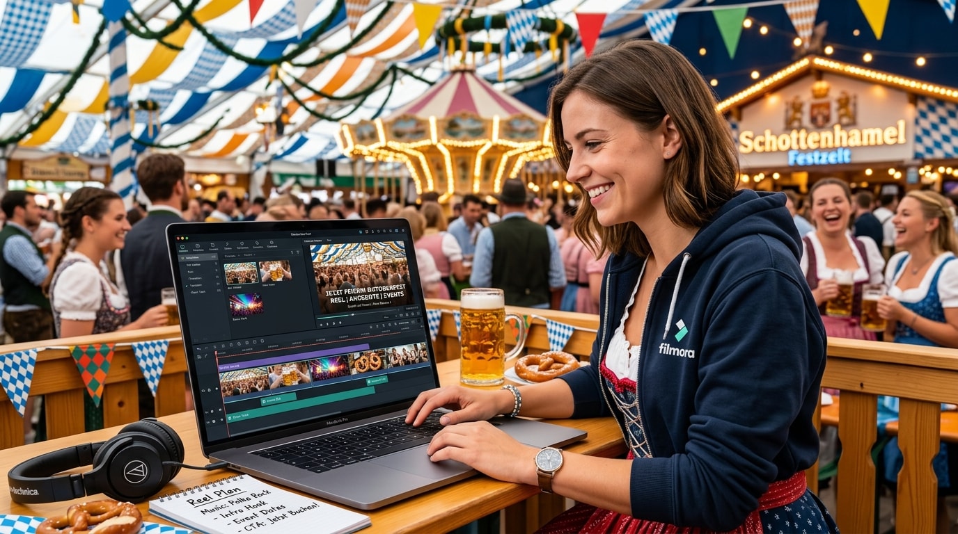 Frau im Dirndl sitzt im Festzelt, bearbeitet Oktoberfest-Video am Laptop, Bierkrug und Brezel daneben, lebendige Festivalstimmung im Hintergrund.