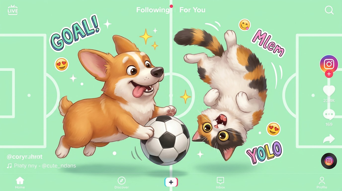 Lustige Haustiere spielen mit einem runden schwarz-weißen Fußball, Hund und Katze in dynamischer Pose, pastellgrüner Hintergrund, Sticker, Glitzer und auffällige Social-Media-Optik für TikTok und Instagram.