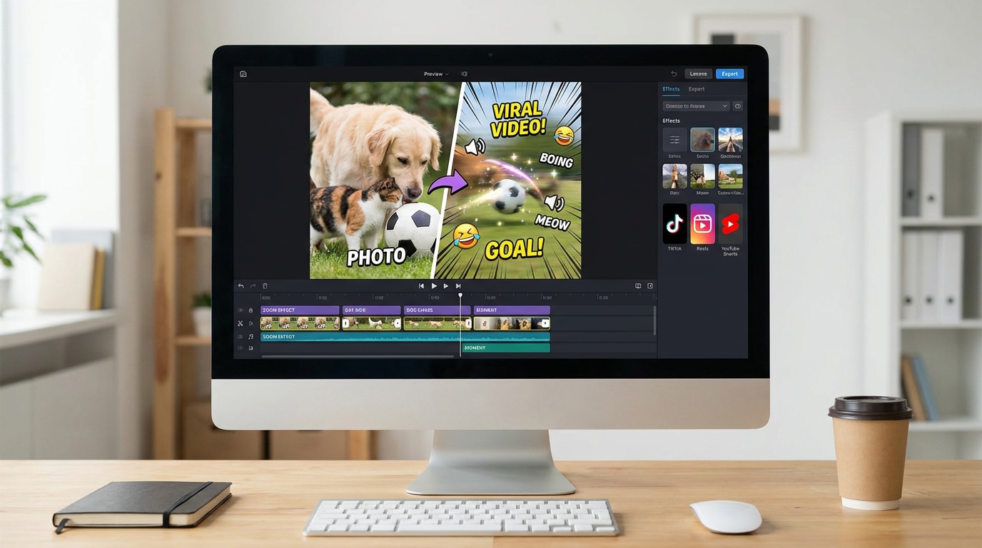 Moderner Desktop-Videoeditor zeigt, wie ein Haustier-Fußballfoto in ein kurzes virales Video verwandelt wird, mit Hund, Katze, rundem schwarz-weißen Fußball, Vorschaufenster, Timeline und lustigen Zoom-Effekten.