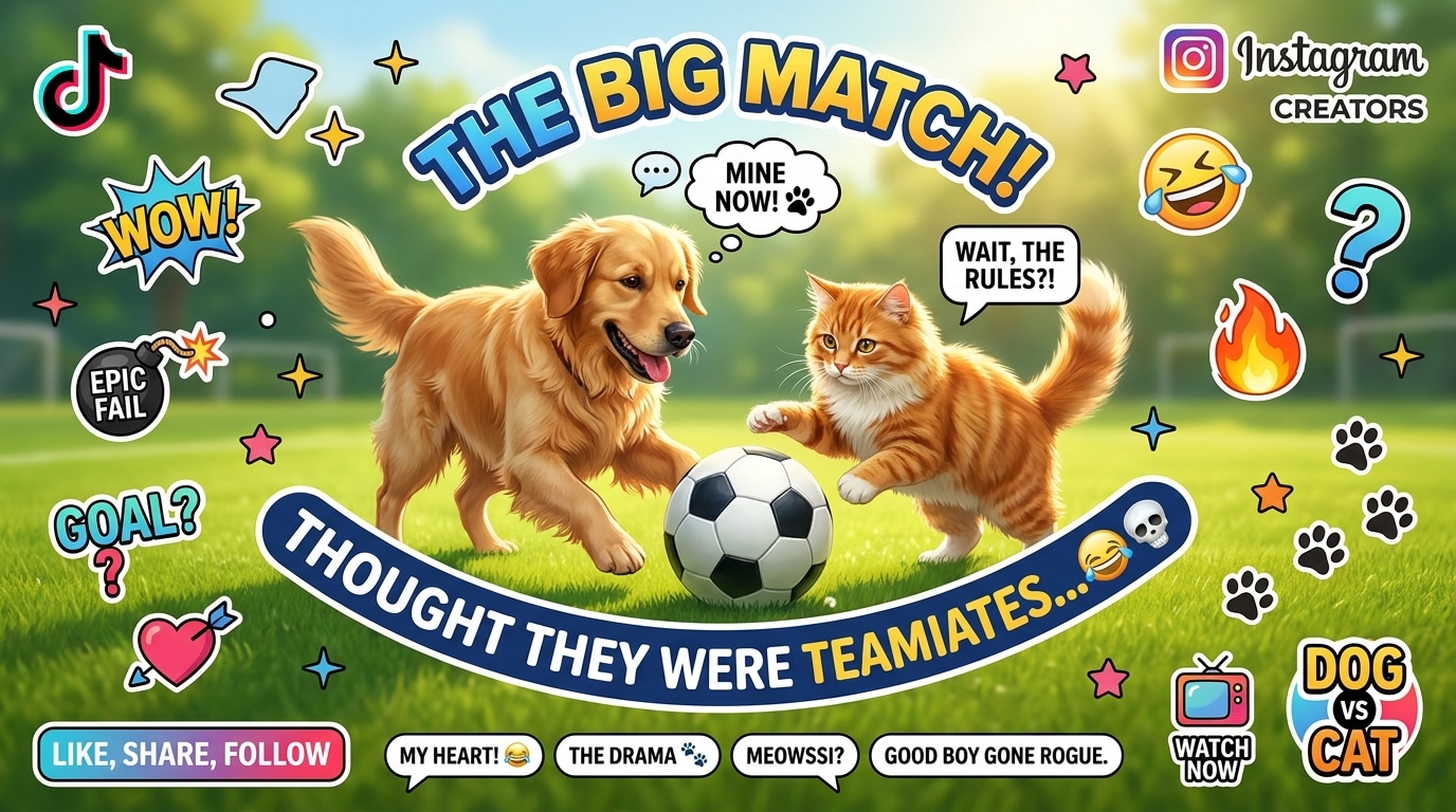 Haustiere spielen Fußball als Social-Media-Motiv mit Reaktions-Captions, Sprechblasen, gebogenem Text, Stickern und lustigen Icons, Hund und Katze neben einem runden schwarz-weißen Fußball in moderner Meme-Optik.