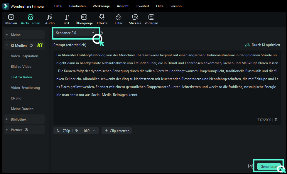 In Filmora im Bereich Archivmedien Text zu Video oder Bild zu Video auswählen.