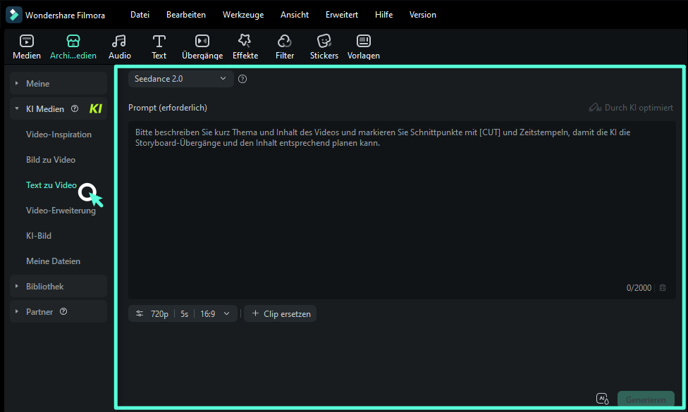 Seedance 2.0 in Filmora auswählen, Prompt eingeben und Video generieren.