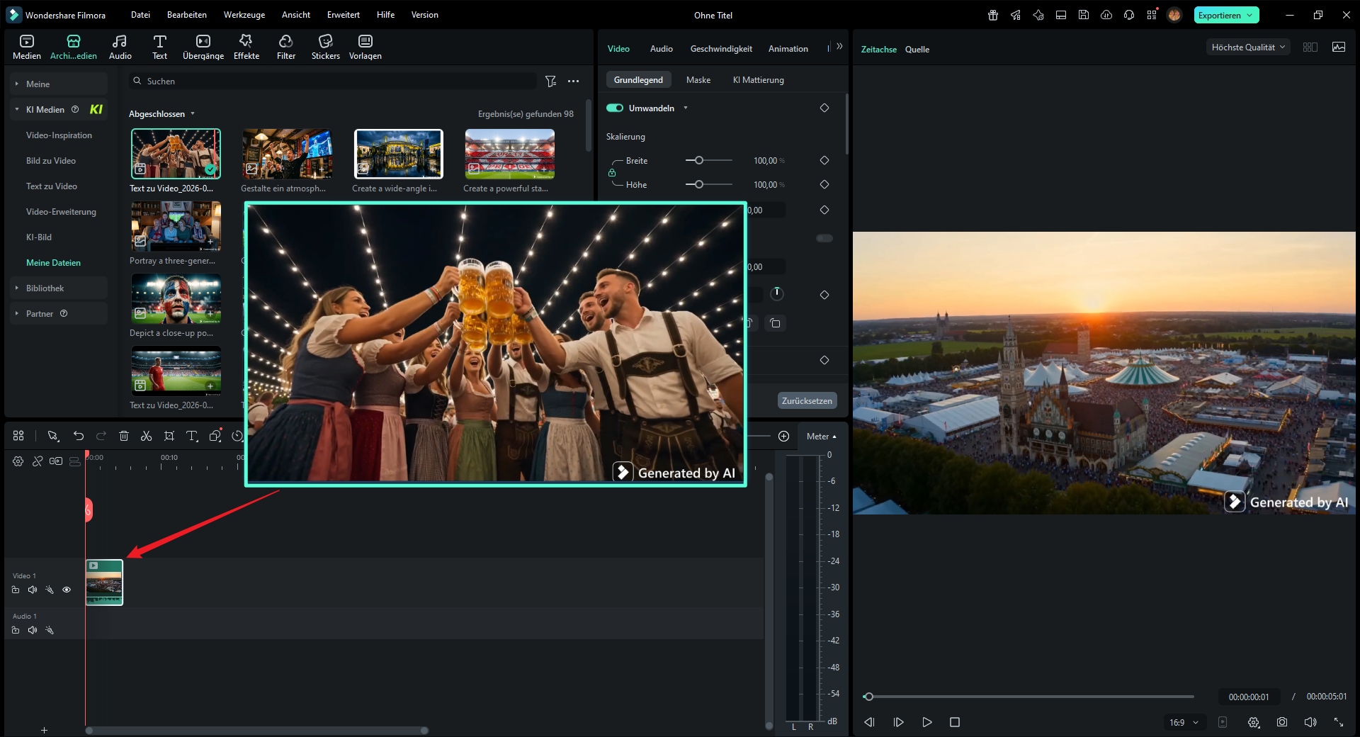 Generiertes Seedance 2.0 Video in Filmora in die Timeline ziehen und weiter bearbeiten.