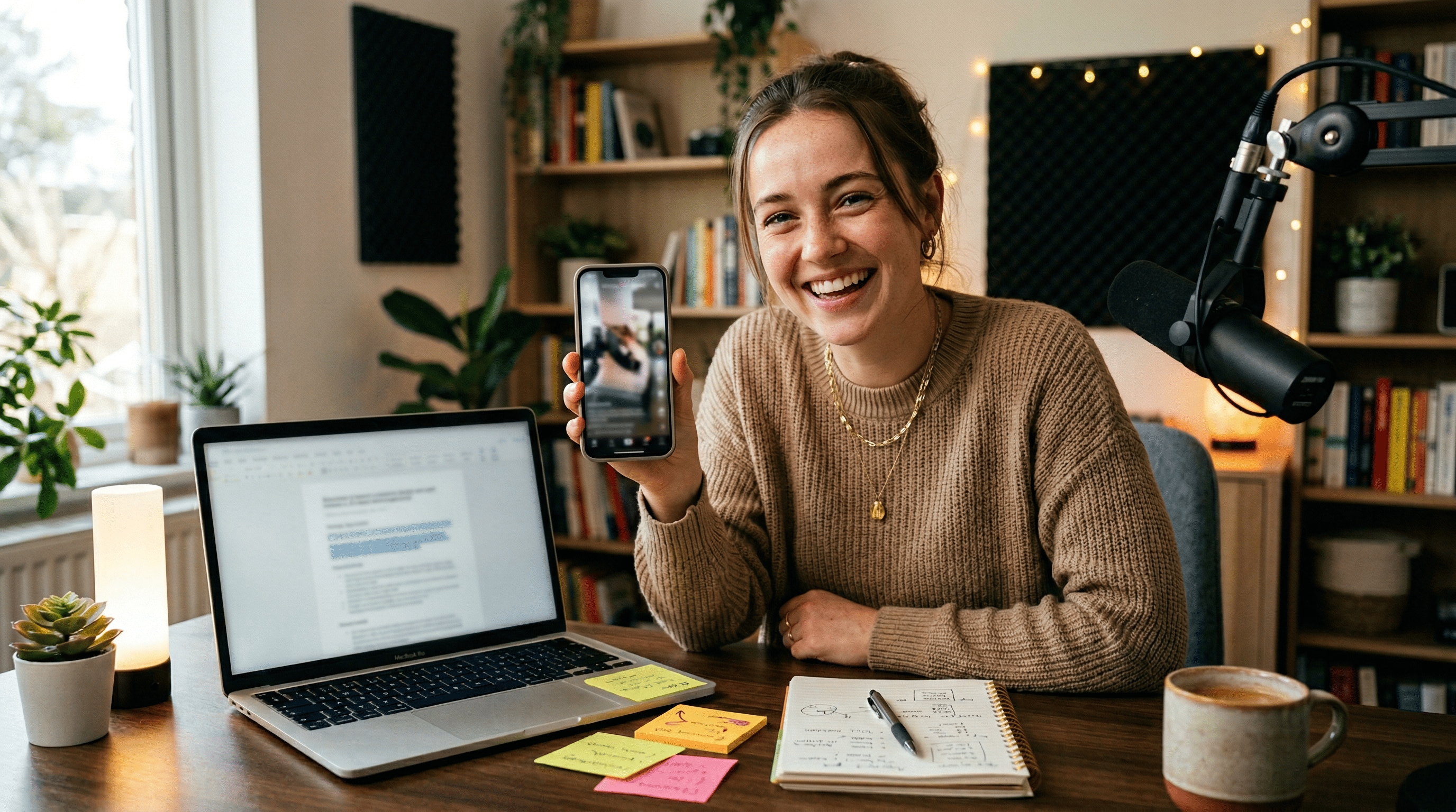 Viral-Hooks und Captions mit KI-gestützten Social-Media-Prompts für Nano Banana 2: Creator am Schreibtisch mit Laptop und Smartphone-Short-Preview.