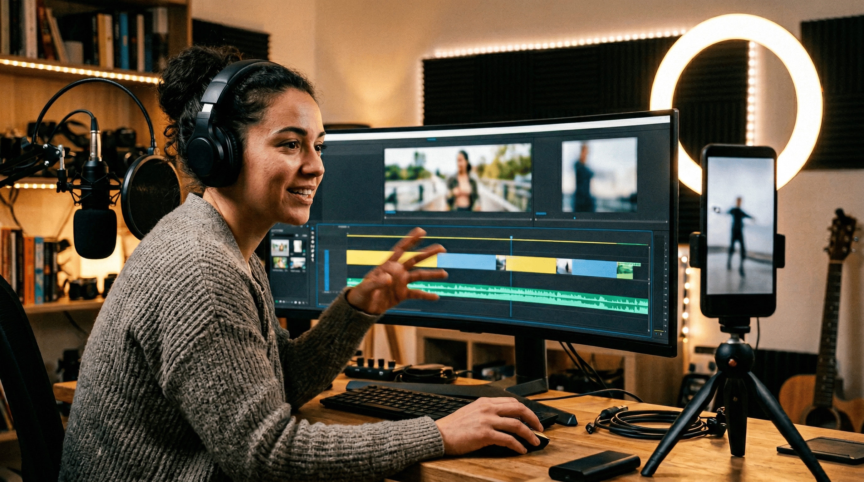 Prompt-zu-Short Workflow mit Nano Banana 2 Social-Prompts: Creator bearbeitet Shorts mit Templates, Musik und schnellen Übergängen.